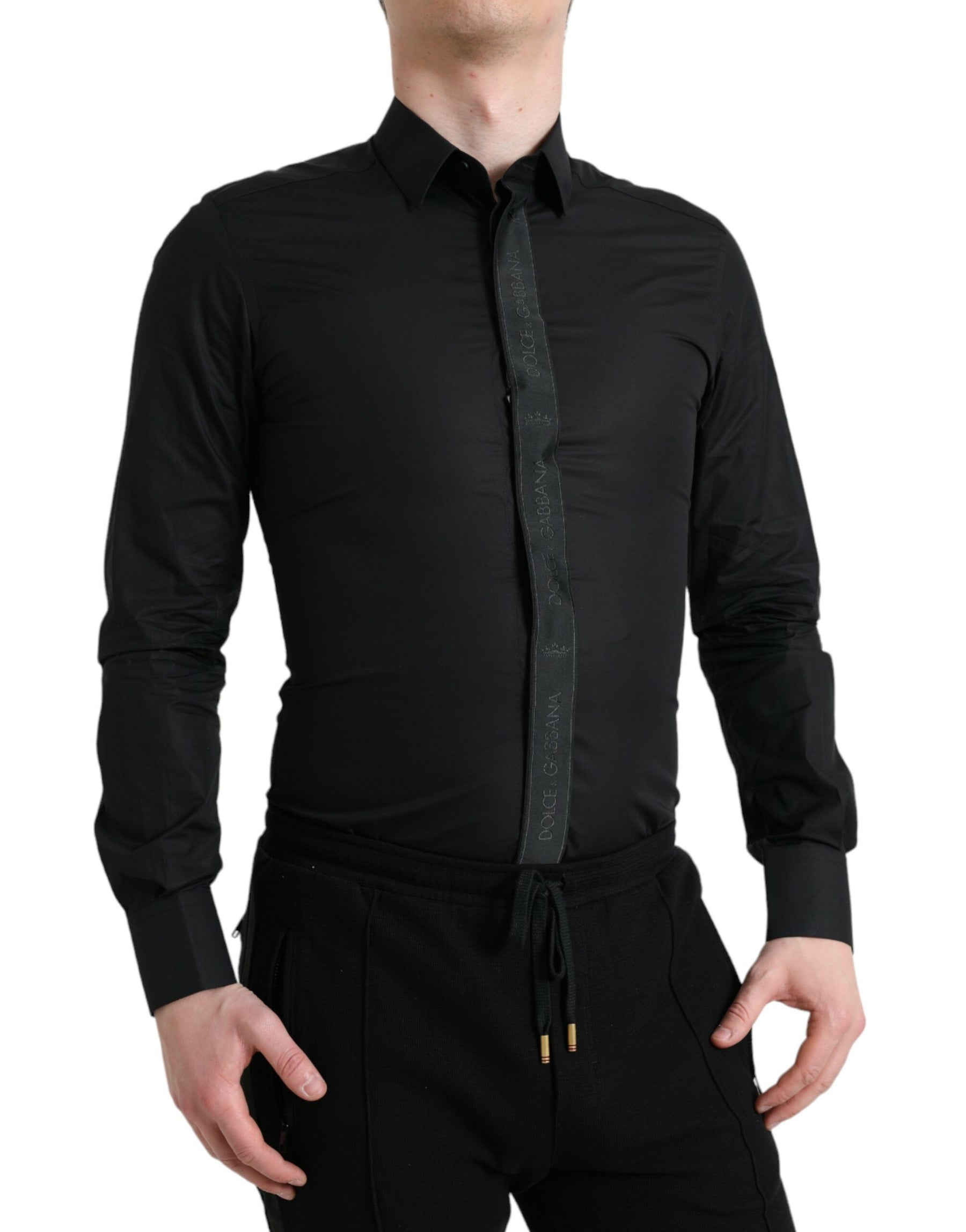 Dolce & Gabbana Black Cotton Logo Formal GOLD Dress Shirt | Regal Royce