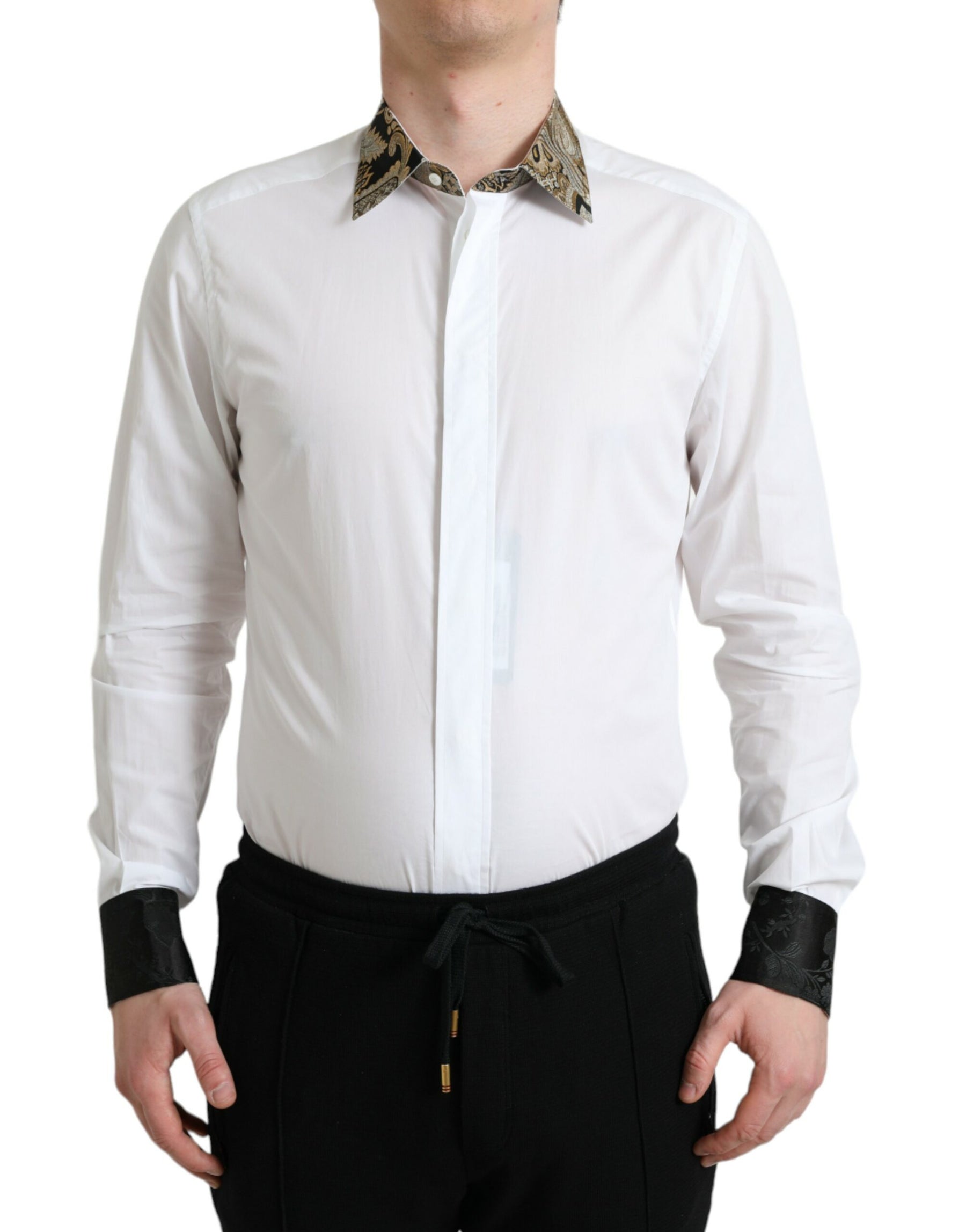 Dolce & Gabbana White Cotton Jacquard Formal GOLD Dress Shirt | Regal Royce