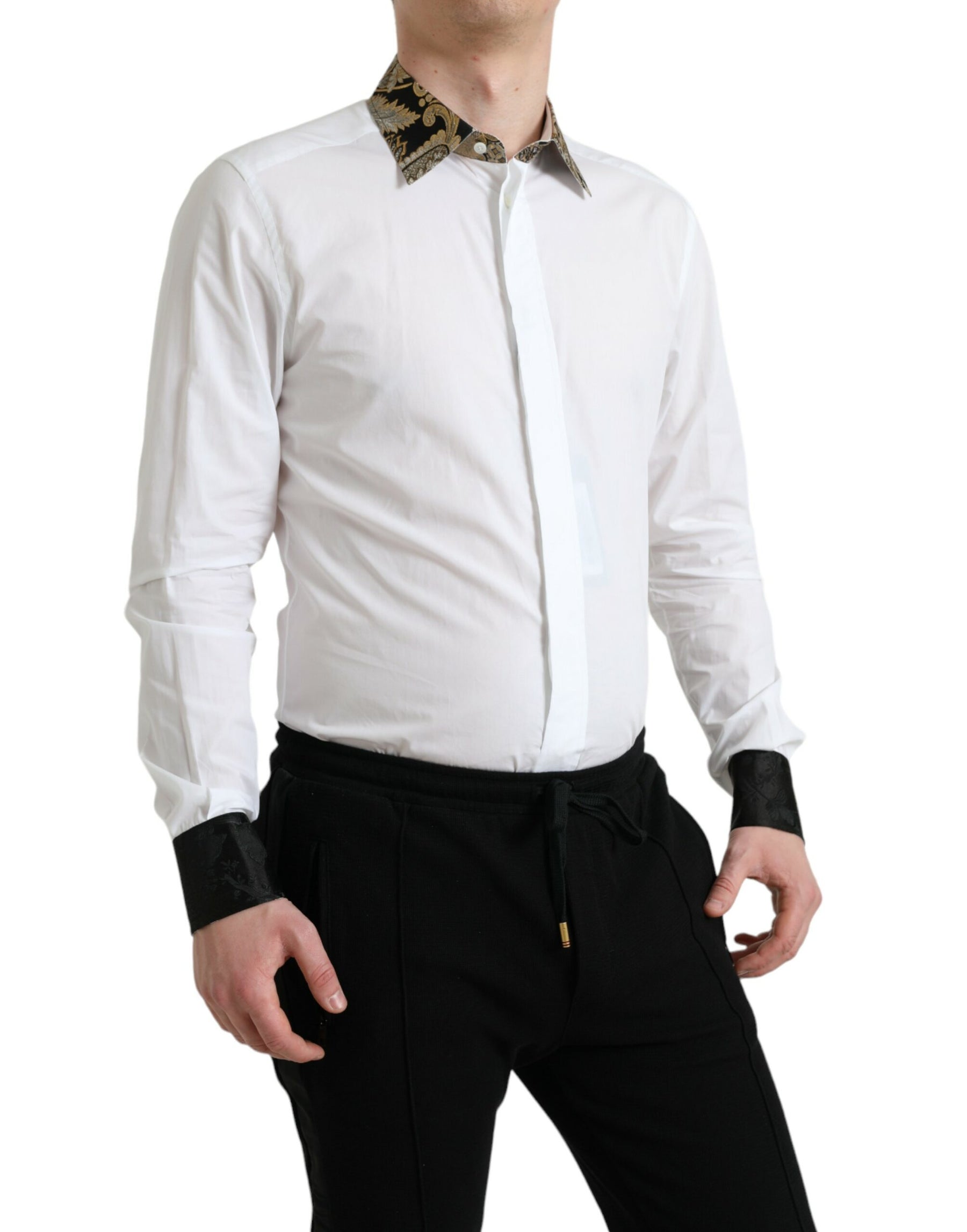 Dolce & Gabbana White Cotton Jacquard Formal GOLD Dress Shirt | Regal Royce