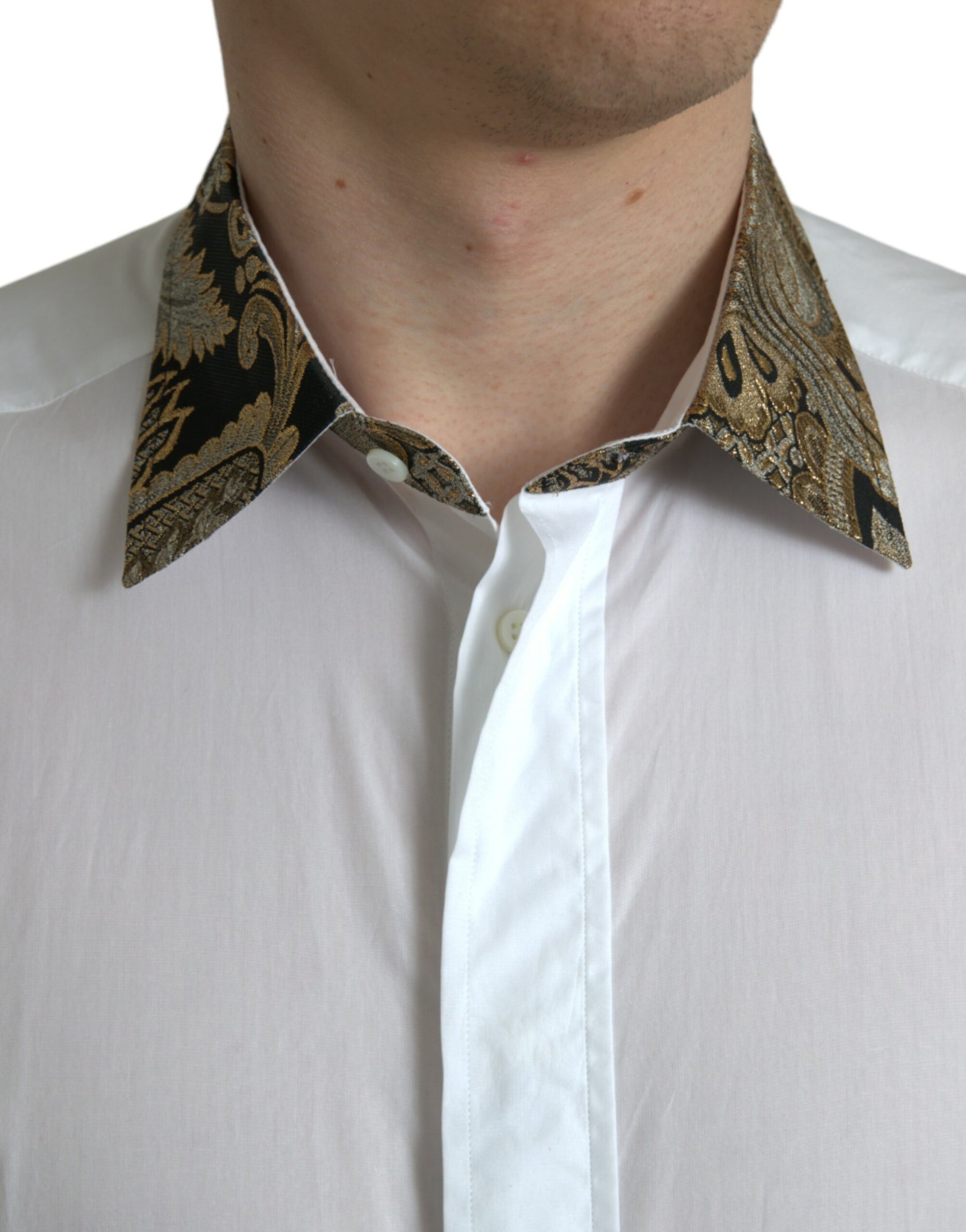 Dolce & Gabbana White Cotton Jacquard Formal GOLD Dress Shirt | Regal Royce