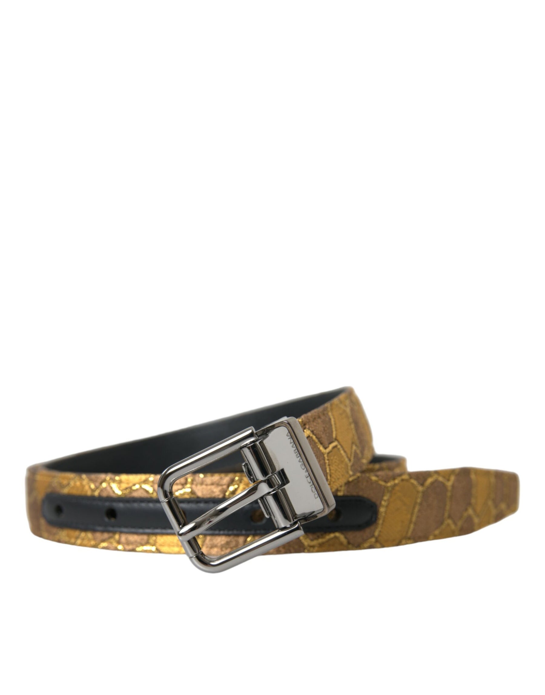Dolce & Gabbana Gold Leather Jacquard Silver Metal Buckle Belt | Regal Royce