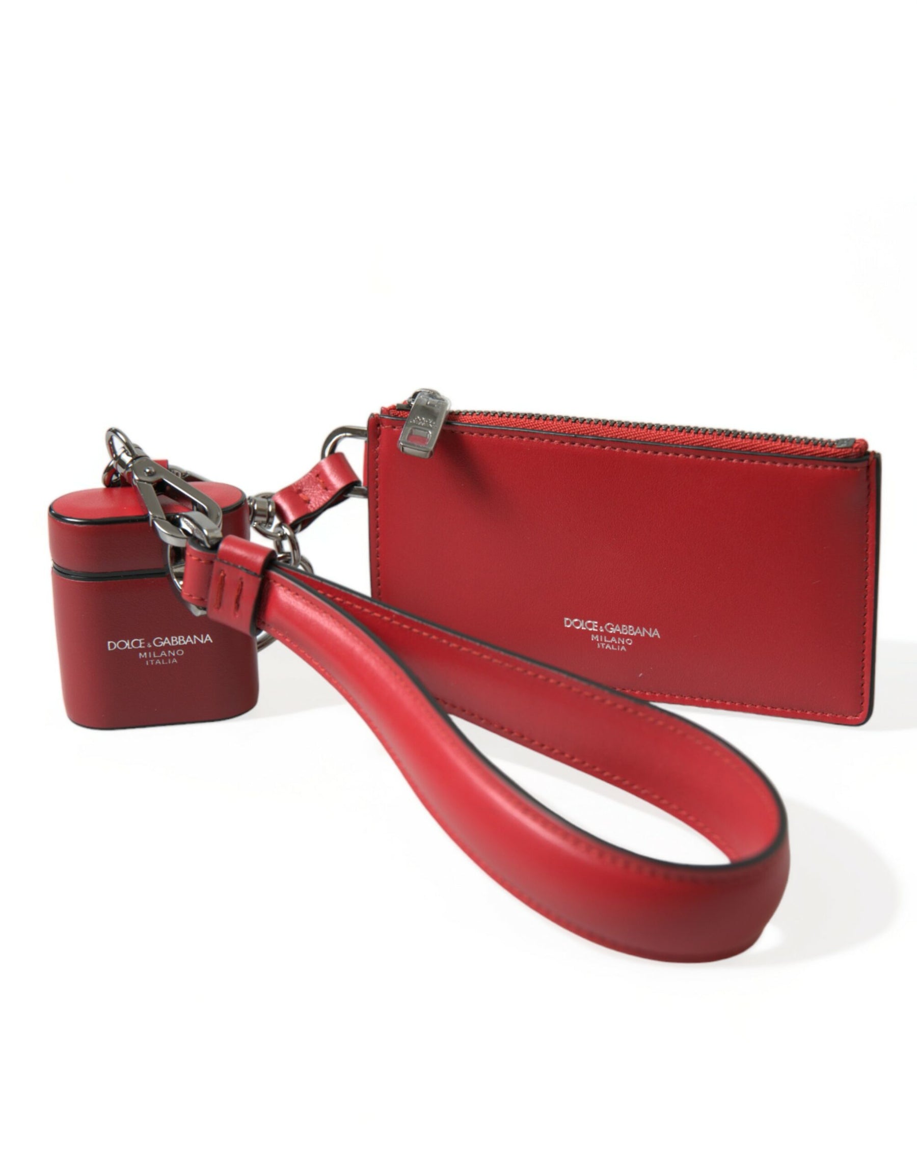 Dolce & Gabbana Red Leather Silver Metal Logo Strap Pouch Airpods Case | Regal Royce
