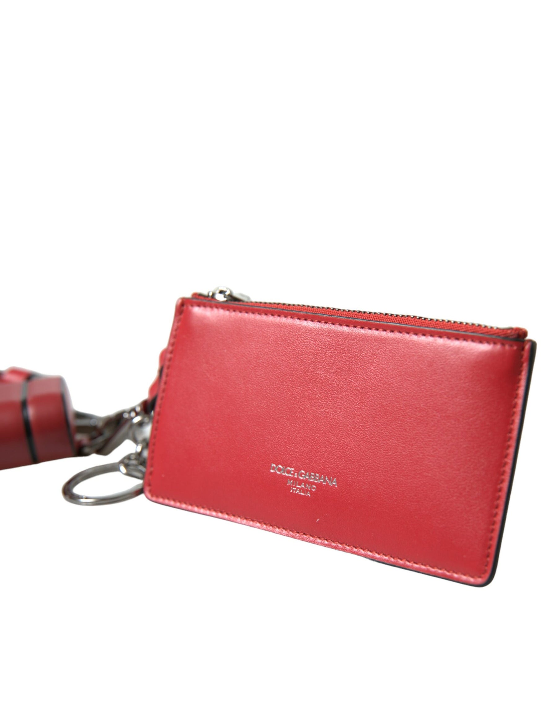 Dolce & Gabbana Red Leather Silver Metal Logo Strap Pouch Airpods Case | Regal Royce