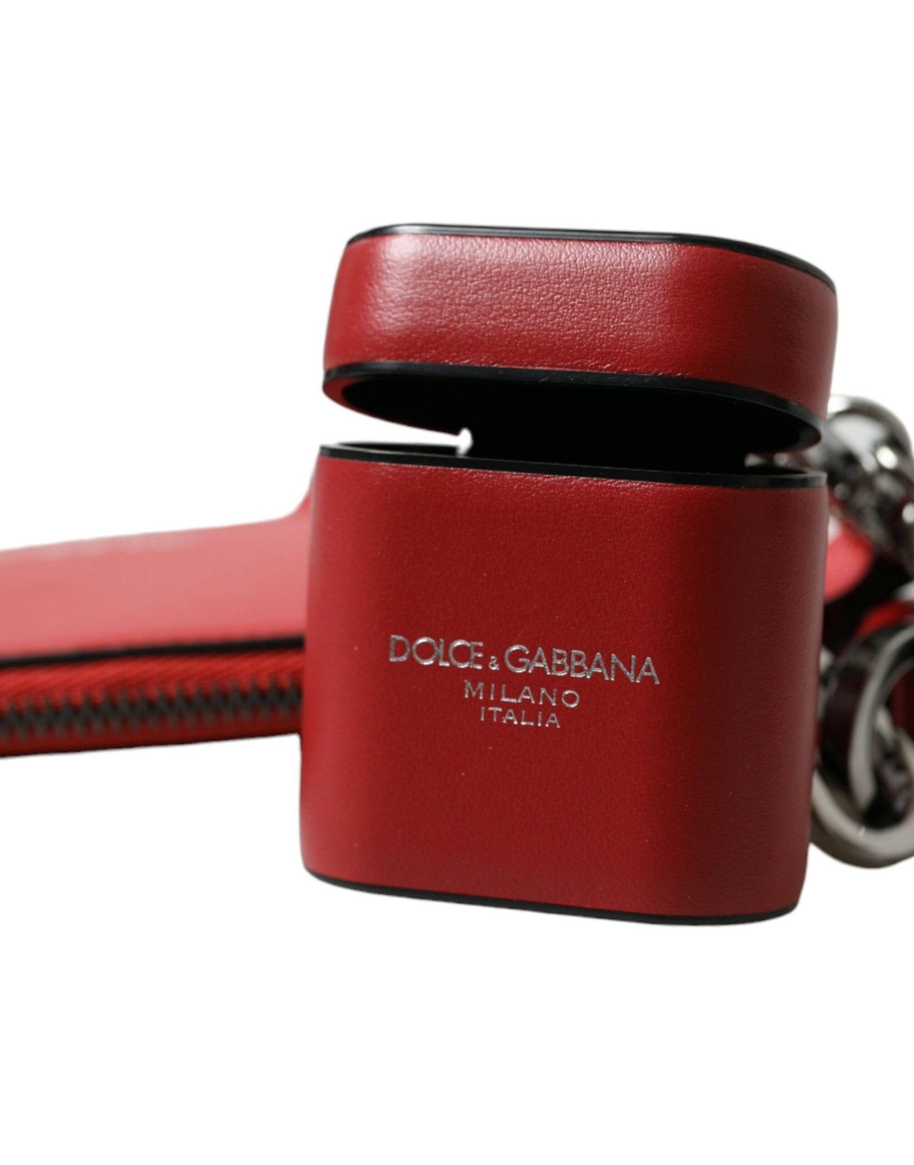 Dolce & Gabbana Red Leather Silver Metal Logo Strap Pouch Airpods Case | Regal Royce