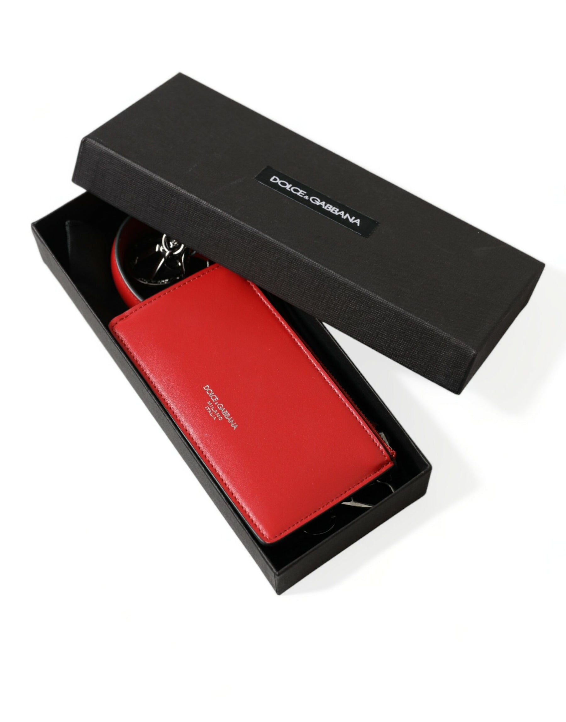 Dolce & Gabbana Red Leather Silver Metal Logo Strap Pouch Airpods Case | Regal Royce