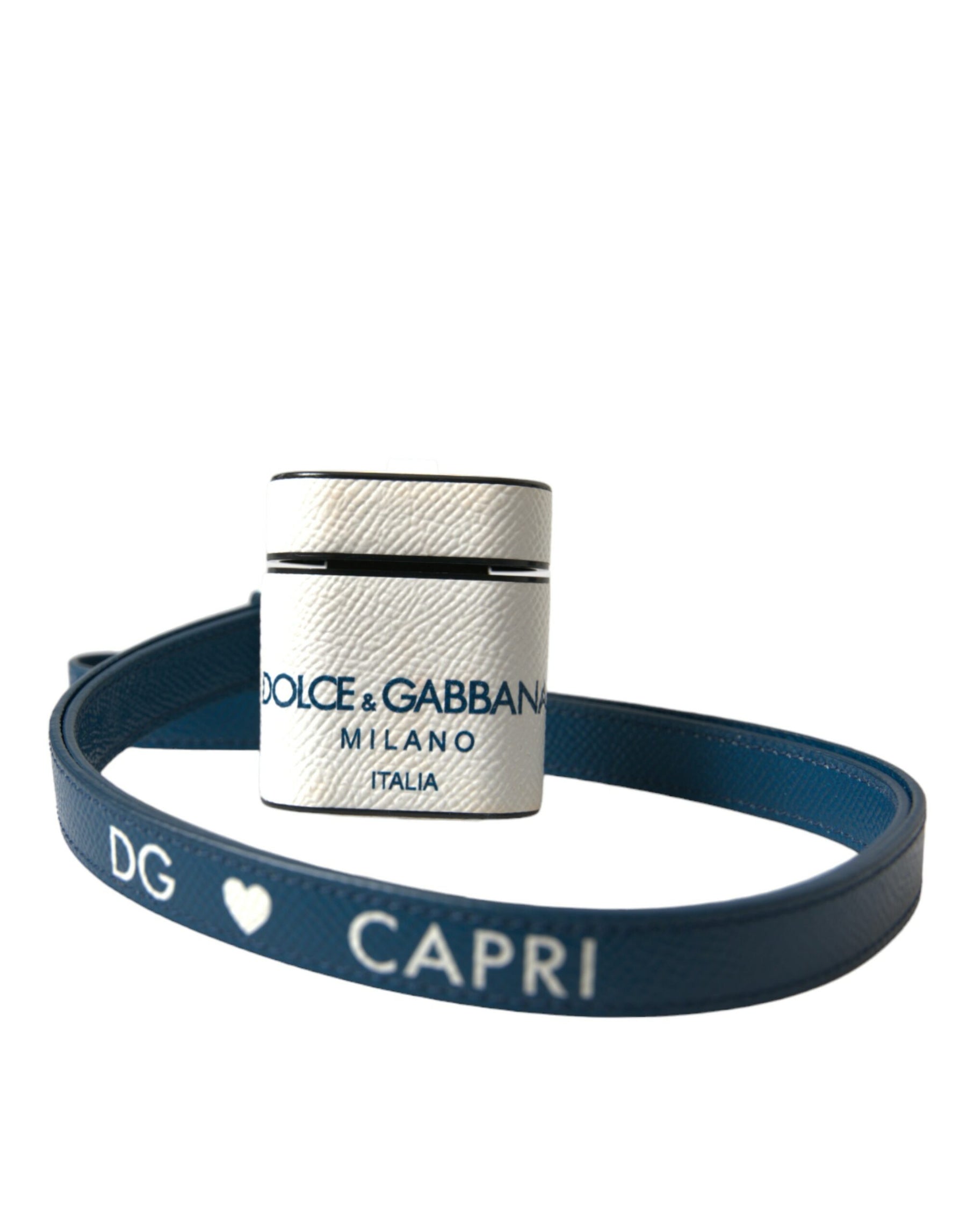 Dolce & Gabbana White Blue Calf Leather Logo Print Strap Airpods Case | Regal Royce