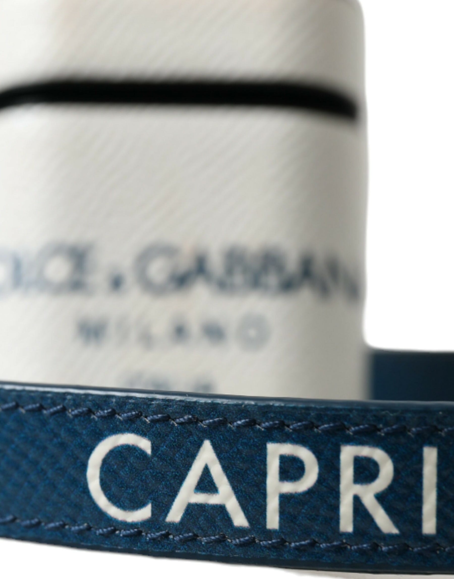 Dolce & Gabbana White Blue Calf Leather Logo Print Strap Airpods Case | Regal Royce