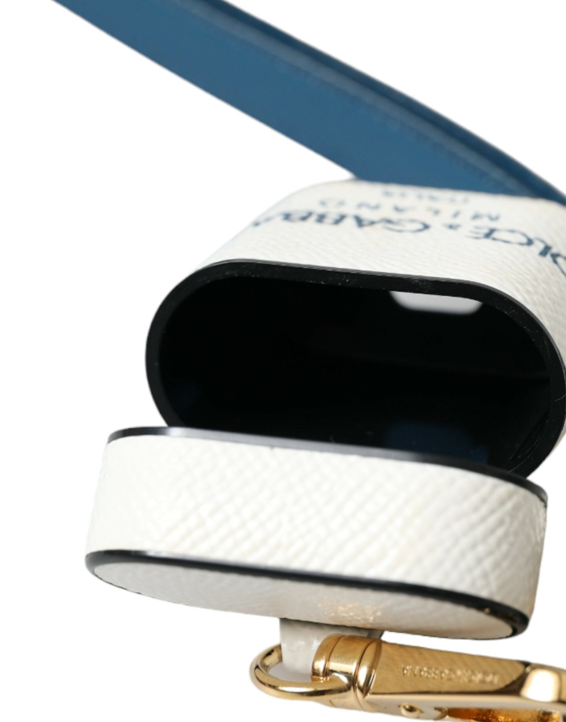 Dolce & Gabbana White Blue Calf Leather Logo Print Strap Airpods Case | Regal Royce