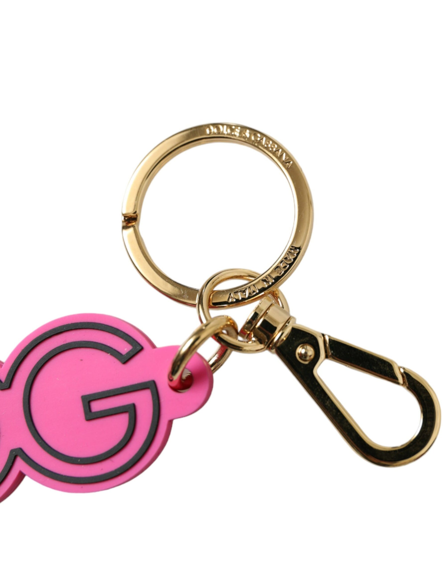 Dolce & Gabbana Pink Rubber Gold Tone Metal DG Logo Keyring Keychain | Regal Royce