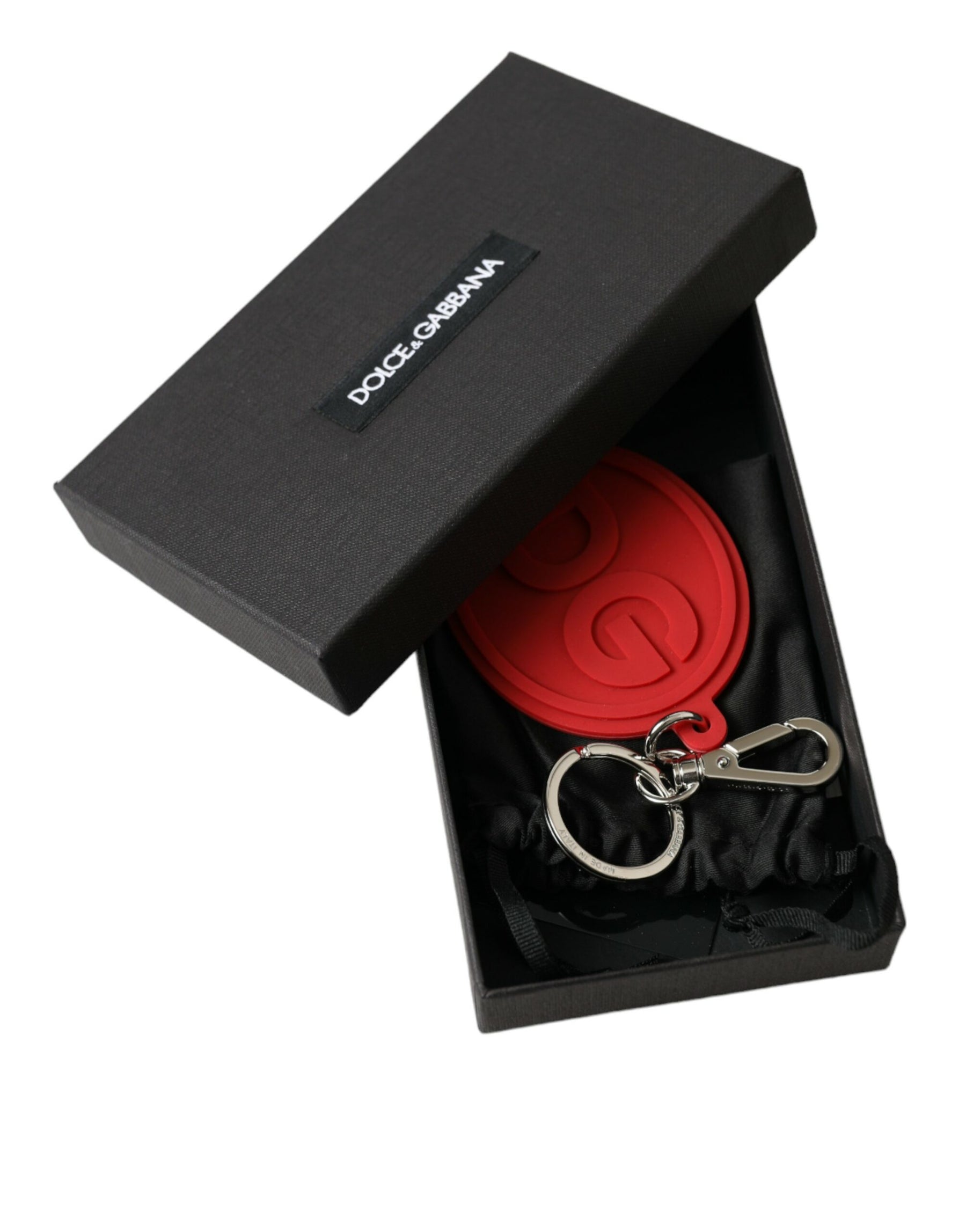 Dolce & Gabbana Red Rubber DG Logo Silver Brass Metal Keyring Keychain | Regal Royce