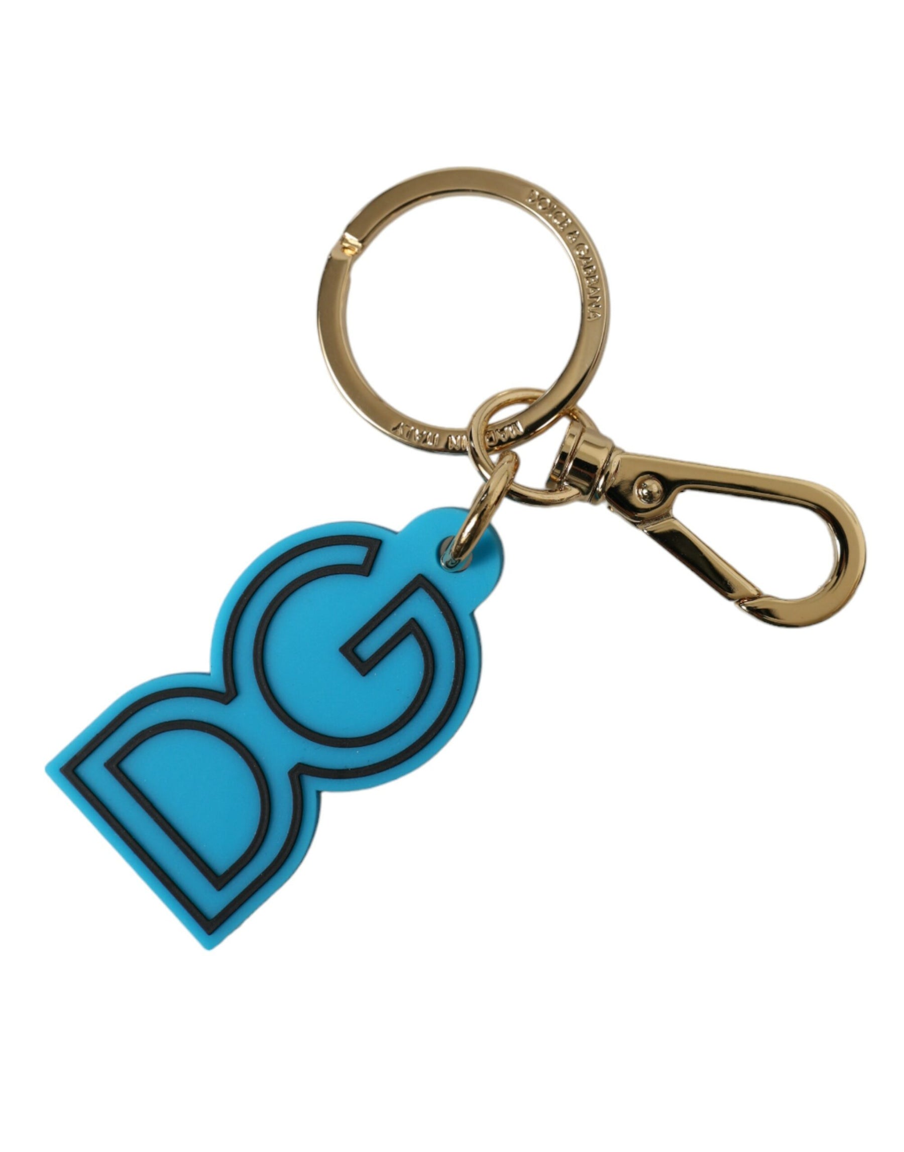 Dolce & Gabbana Blue Rubber Gold Tone Metal DG Logo Keyring Keychain | Regal Royce