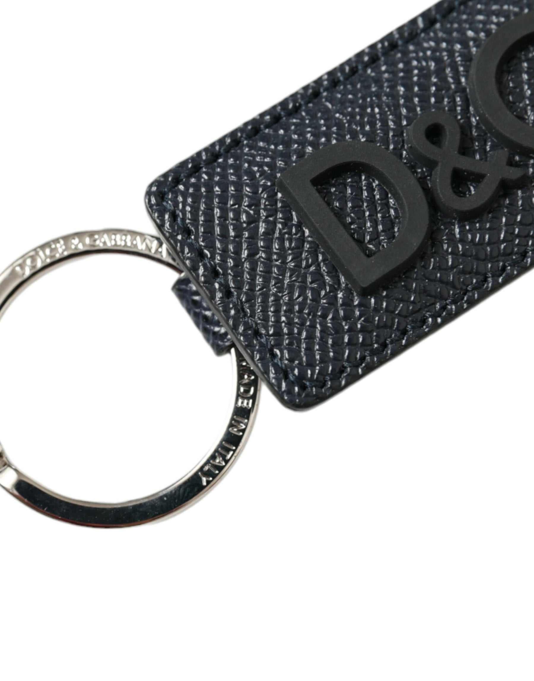 Dolce & Gabbana Black Calf Leather DG Logo Silver Brass Keyring Keychain | Regal Royce