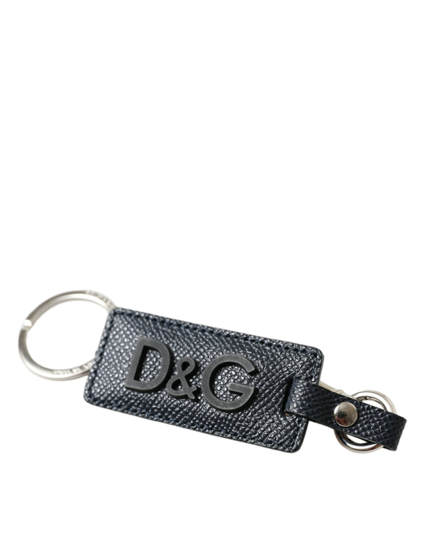 Dolce & Gabbana Black Calf Leather DG Logo Silver Brass Keyring Keychain | Regal Royce