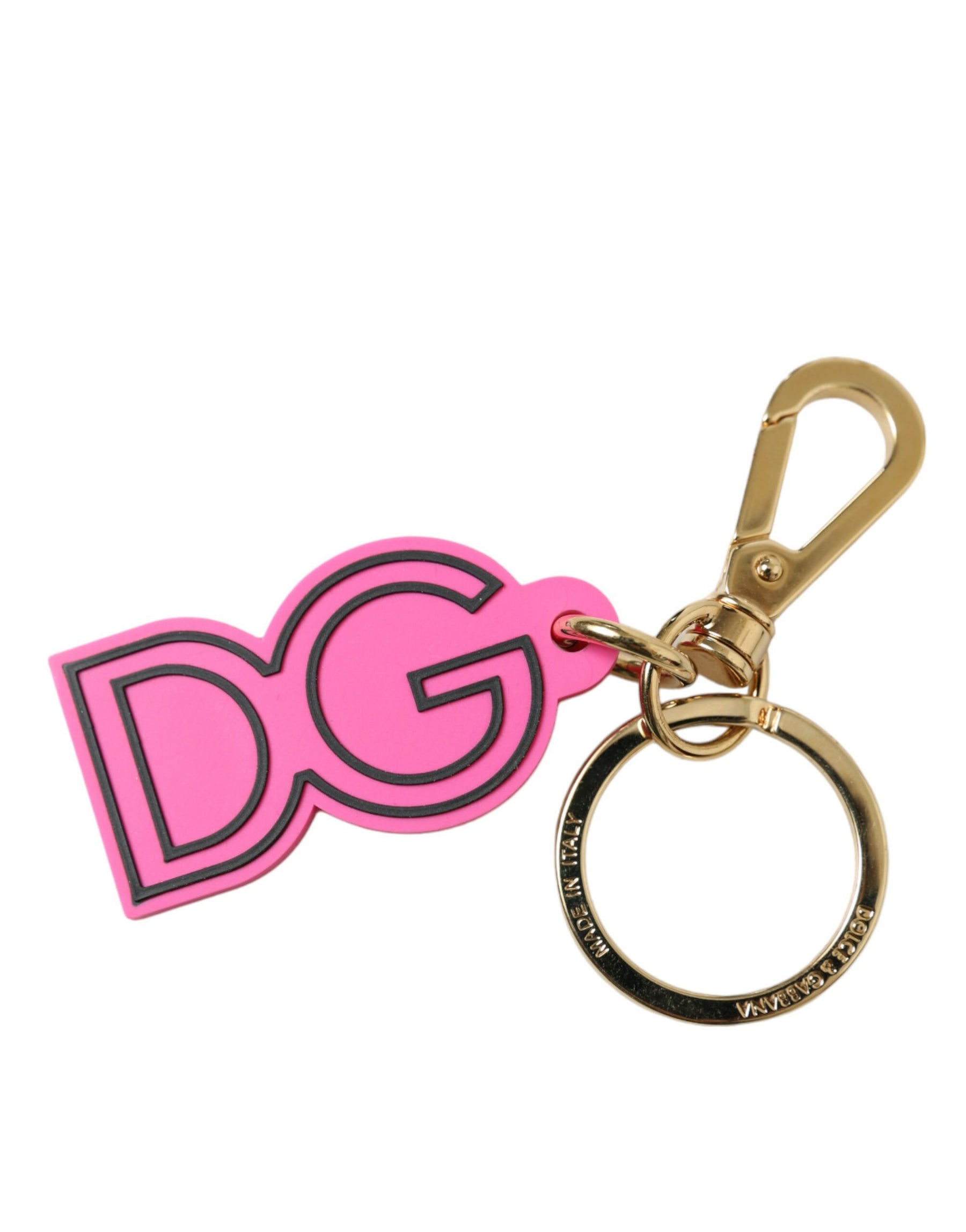 Dolce & Gabbana Pink Rubber Gold Tone Metal DG Logo Keyring Keychain | Regal Royce