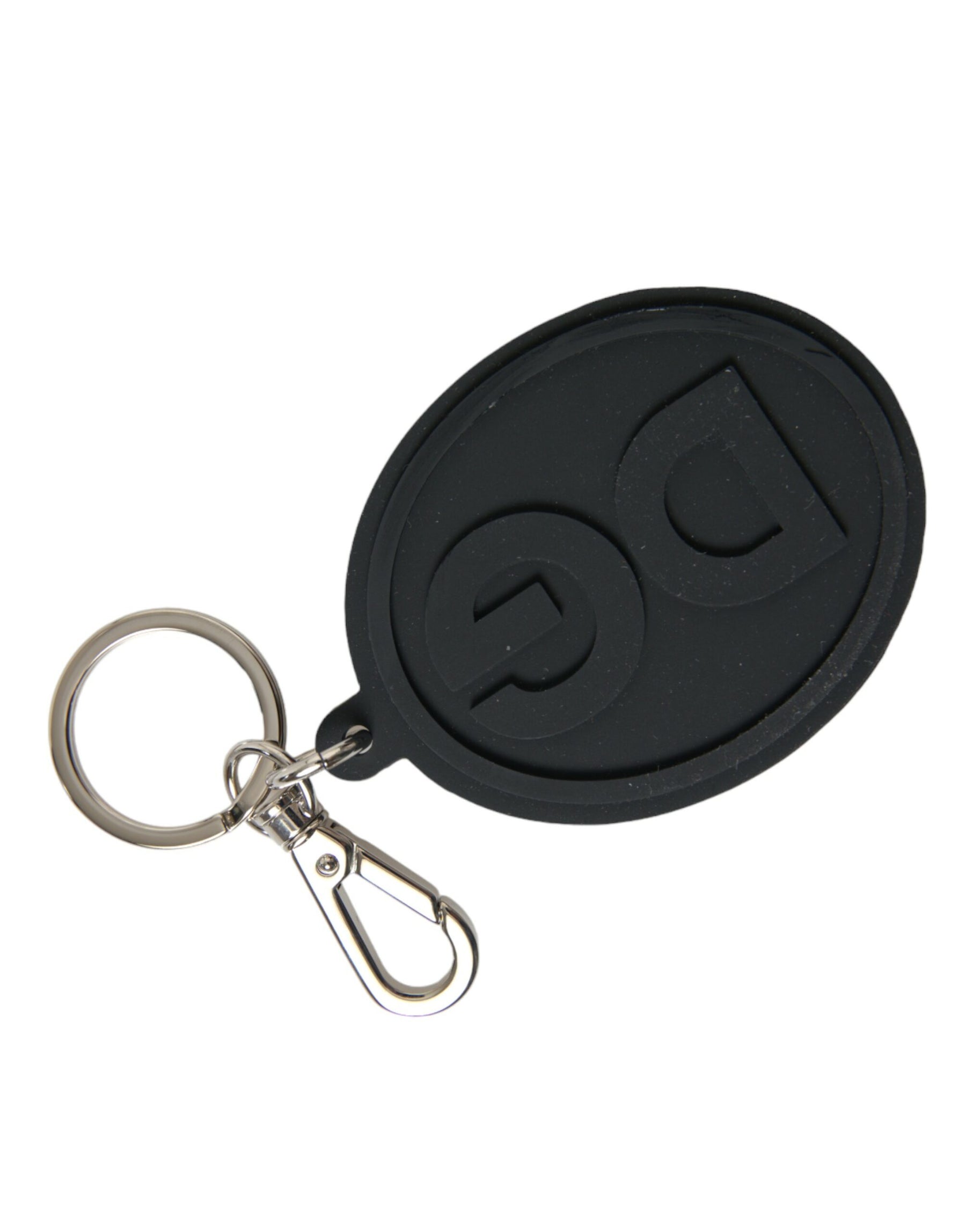 Dolce & Gabbana Black Rubber DG Logo Silver Brass Metal Keyring Keychain | Regal Royce