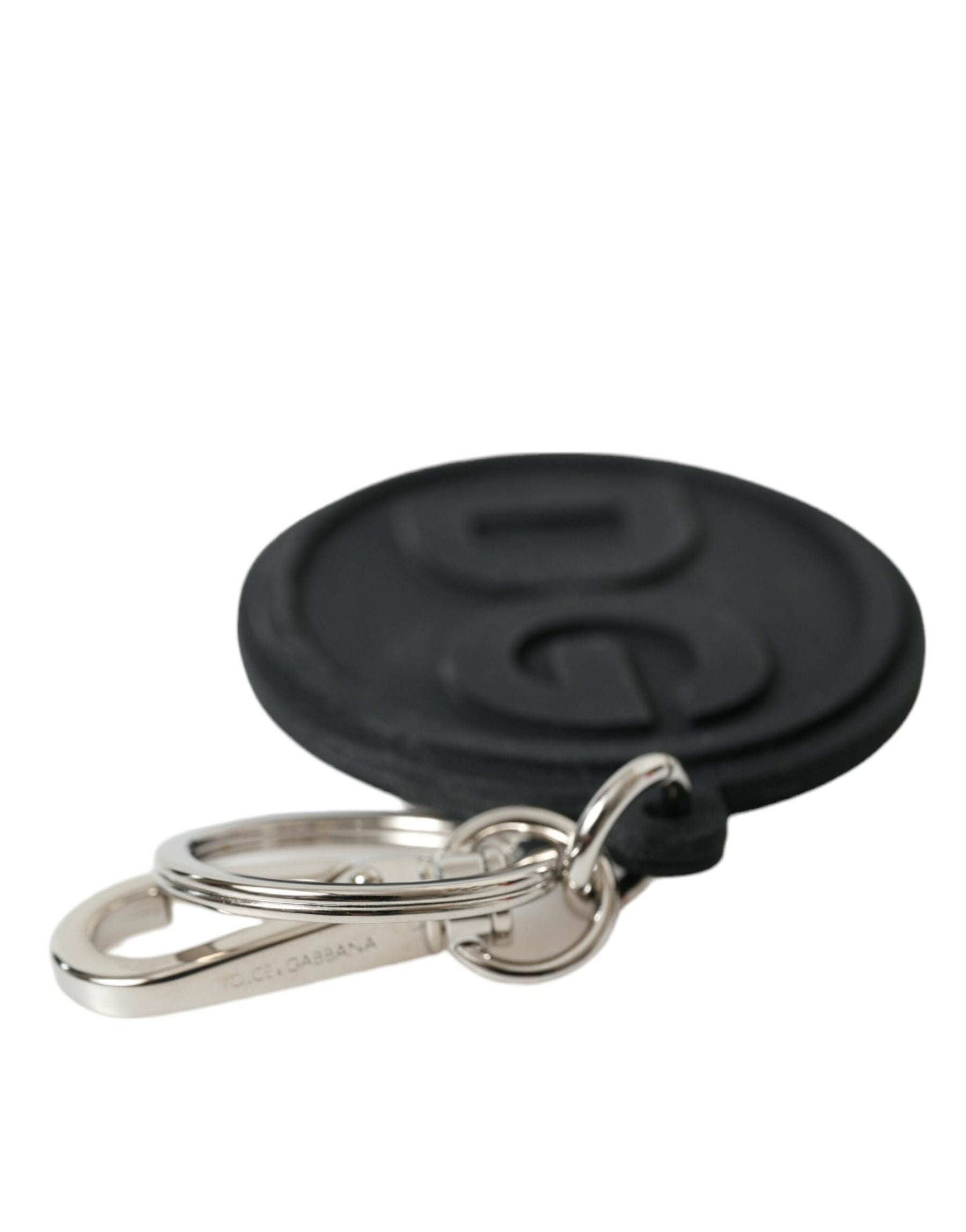 Dolce & Gabbana Black Rubber DG Logo Silver Brass Metal Keyring Keychain | Regal Royce