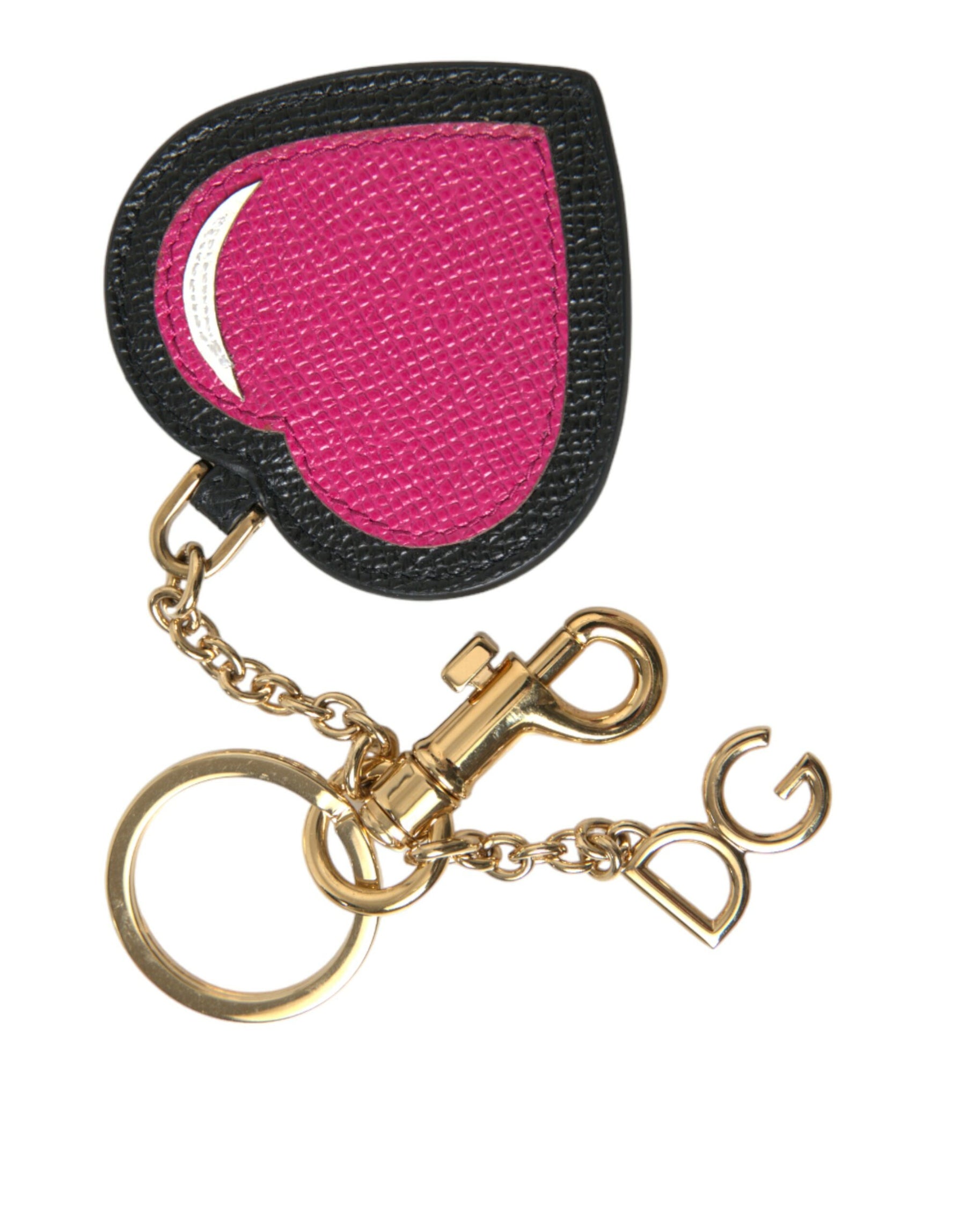 Dolce & Gabbana Pink Black Heart Leather Gold Tone Brass Keyring Keychain | Regal Royce