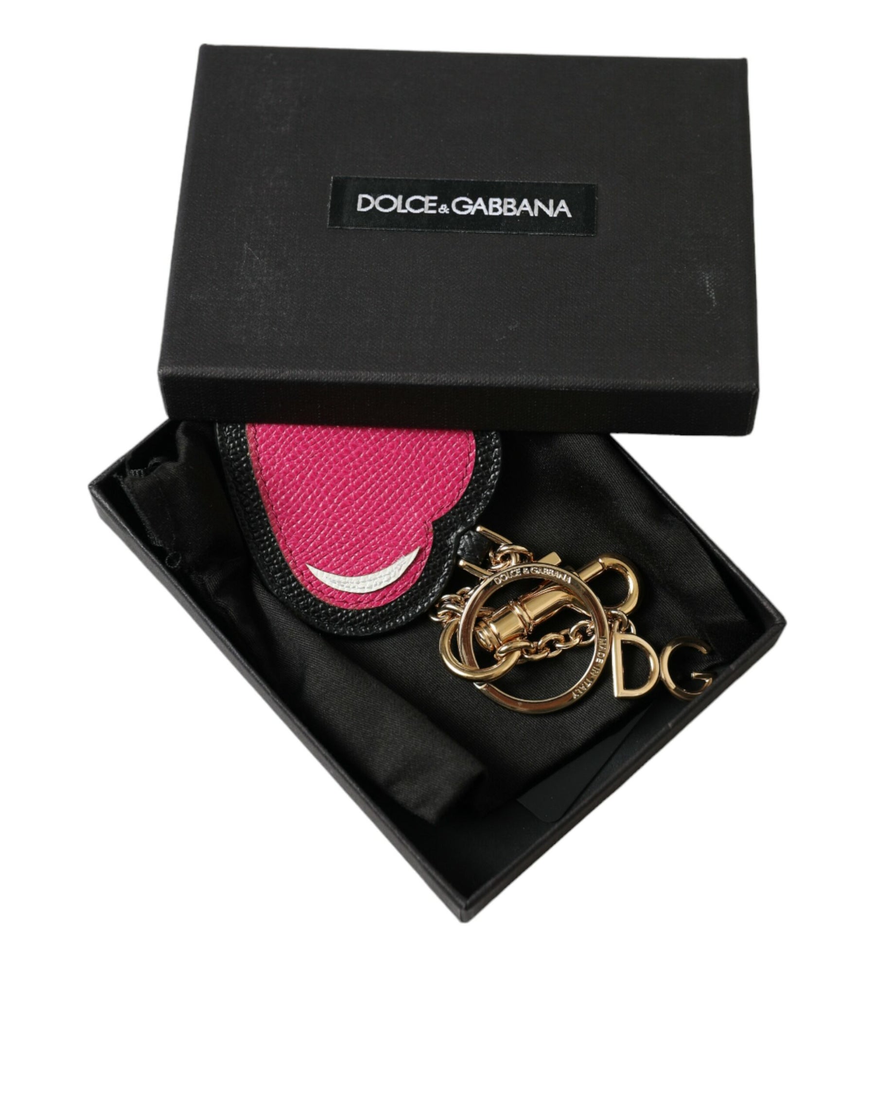 Dolce & Gabbana Pink Black Heart Leather Gold Tone Brass Keyring Keychain | Regal Royce