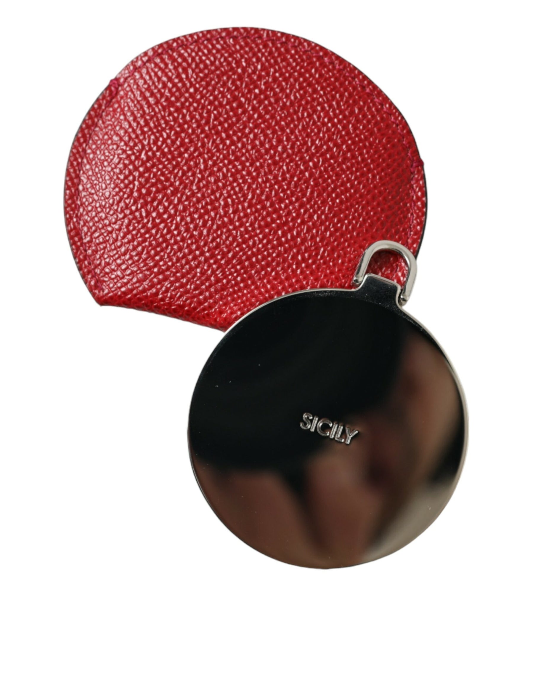 Dolce & Gabbana Red Calfskin Leather Round Logo Hand Mirror Holder | Regal Royce