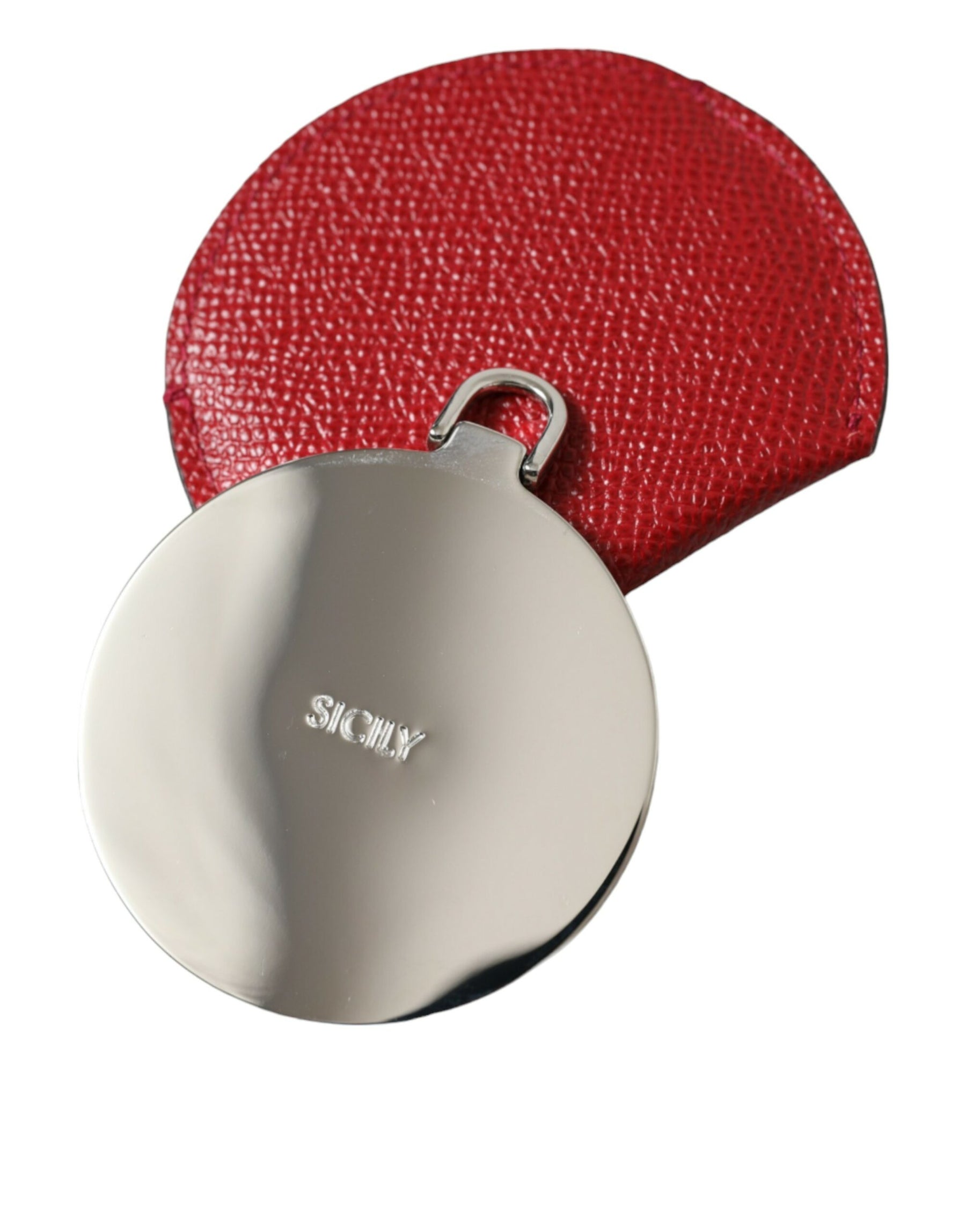 Dolce & Gabbana Red Calfskin Leather Round Logo Hand Mirror Holder | Regal Royce