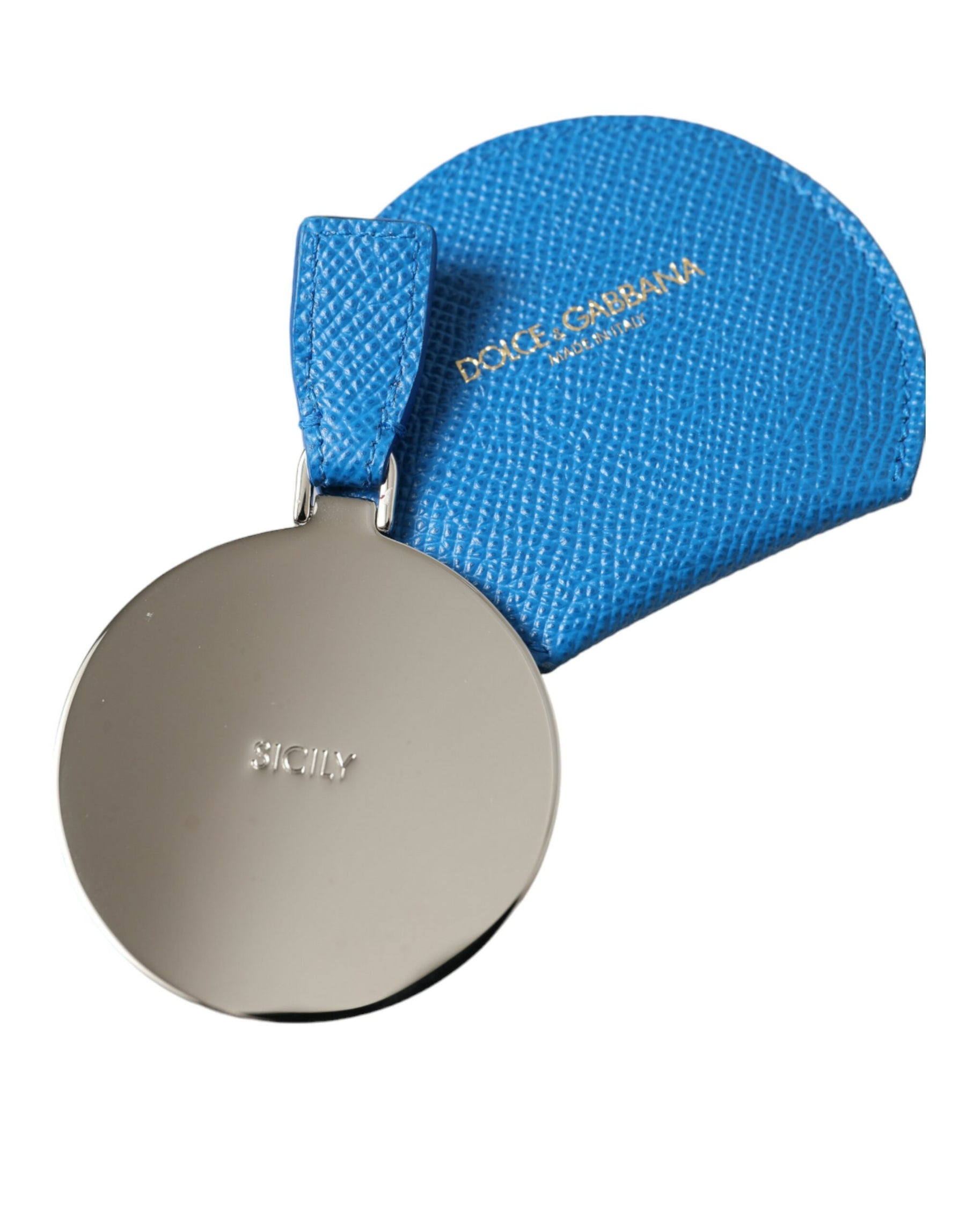 Dolce & Gabbana Blue Calfskin Leather Round Logo Hand Mirror Holder | Regal Royce