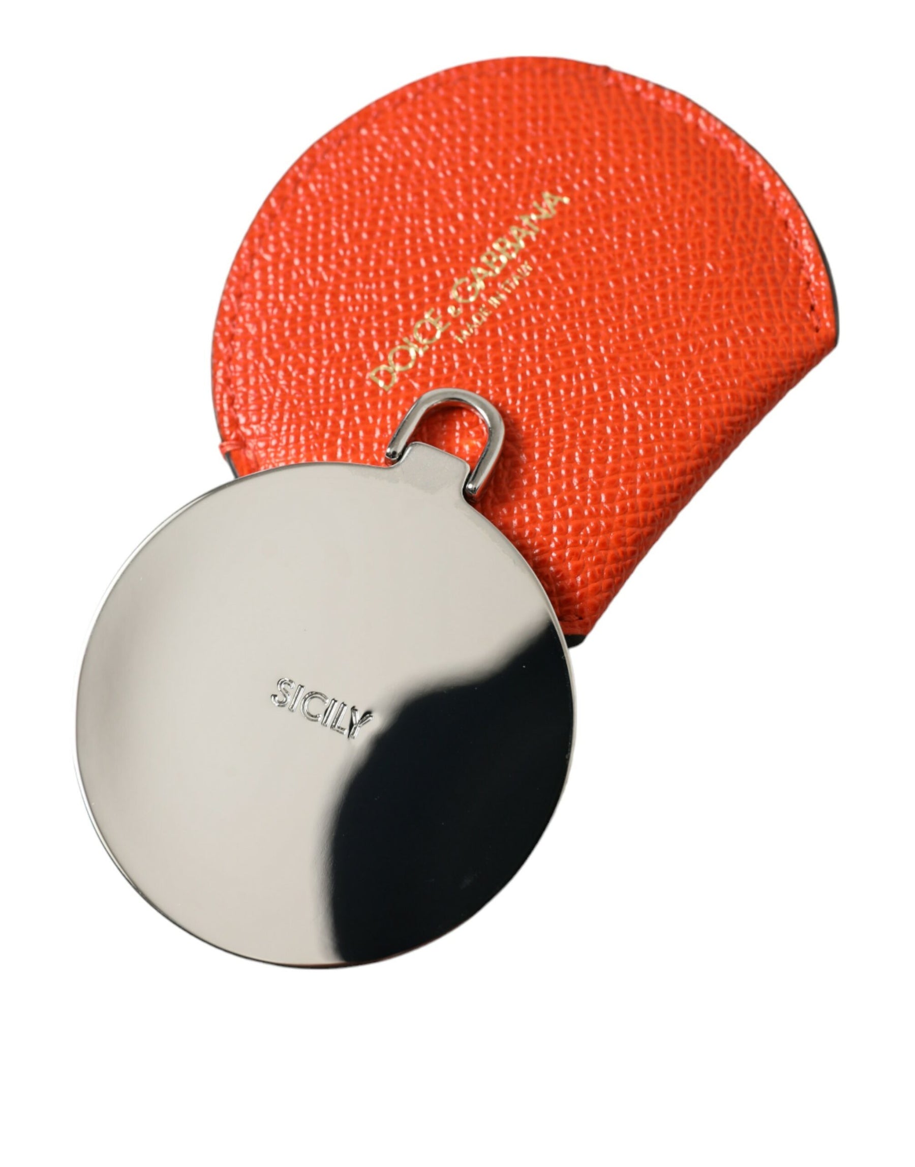 Dolce & Gabbana Orange Calfskin Leather Round Logo Hand Mirror Holder | Regal Royce