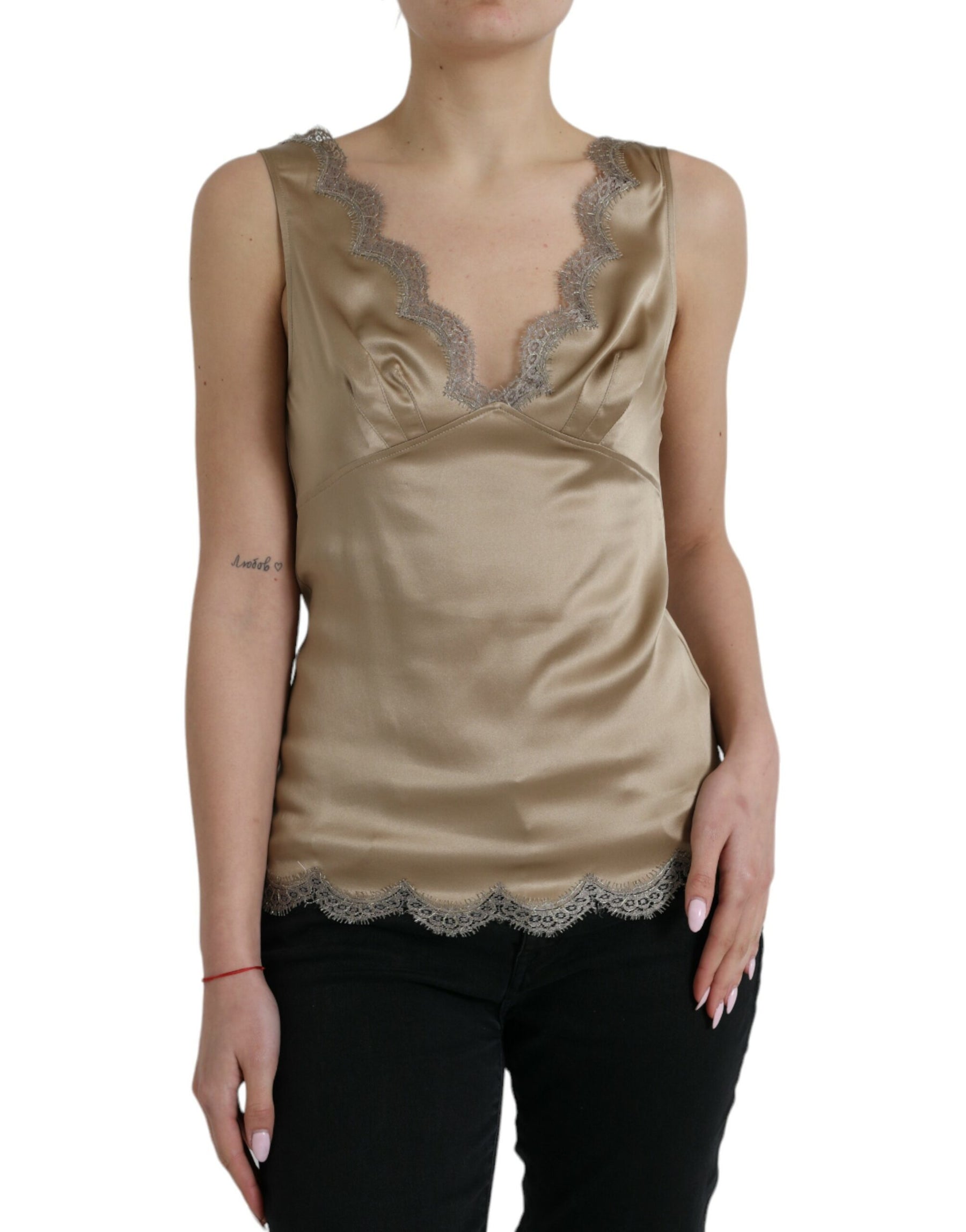 Dolce & Gabbana Brown Lace Trim V-neck Sleeveless Tank Top | Regal Royce