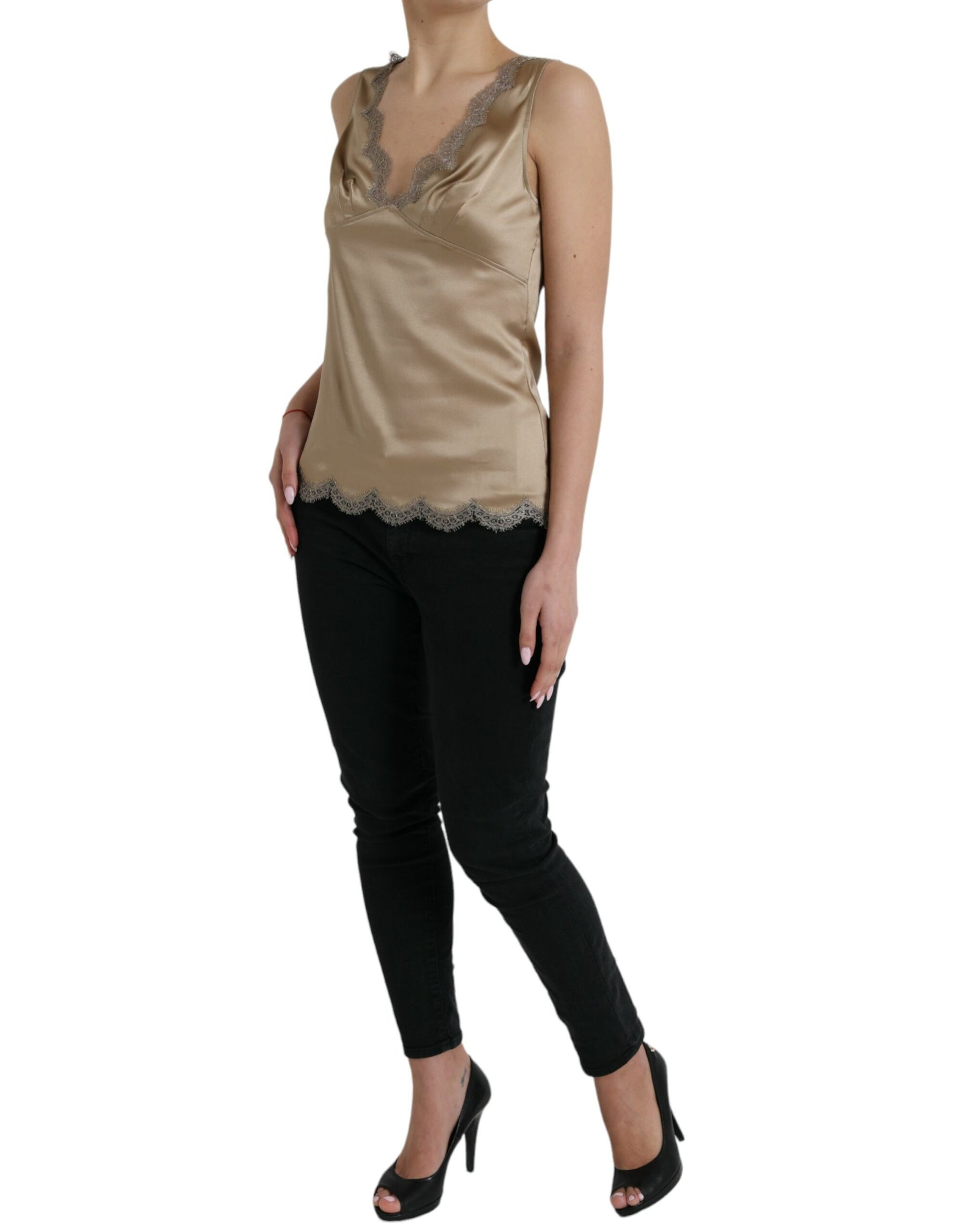 Dolce & Gabbana Brown Lace Trim V-neck Sleeveless Tank Top | Regal Royce