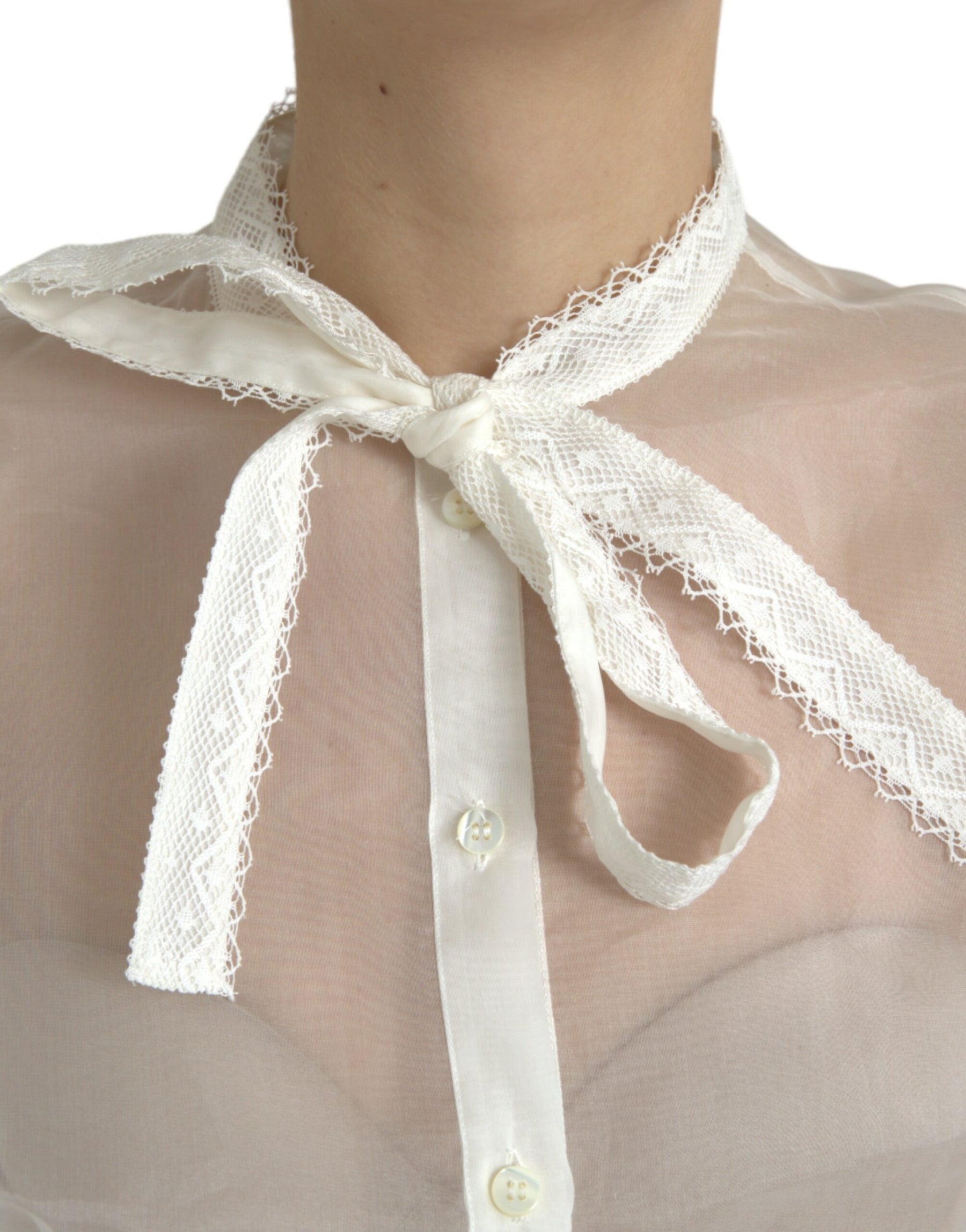 Dolce & Gabbana White Silk Long Sleeves Ascot Collar Top | Regal Royce