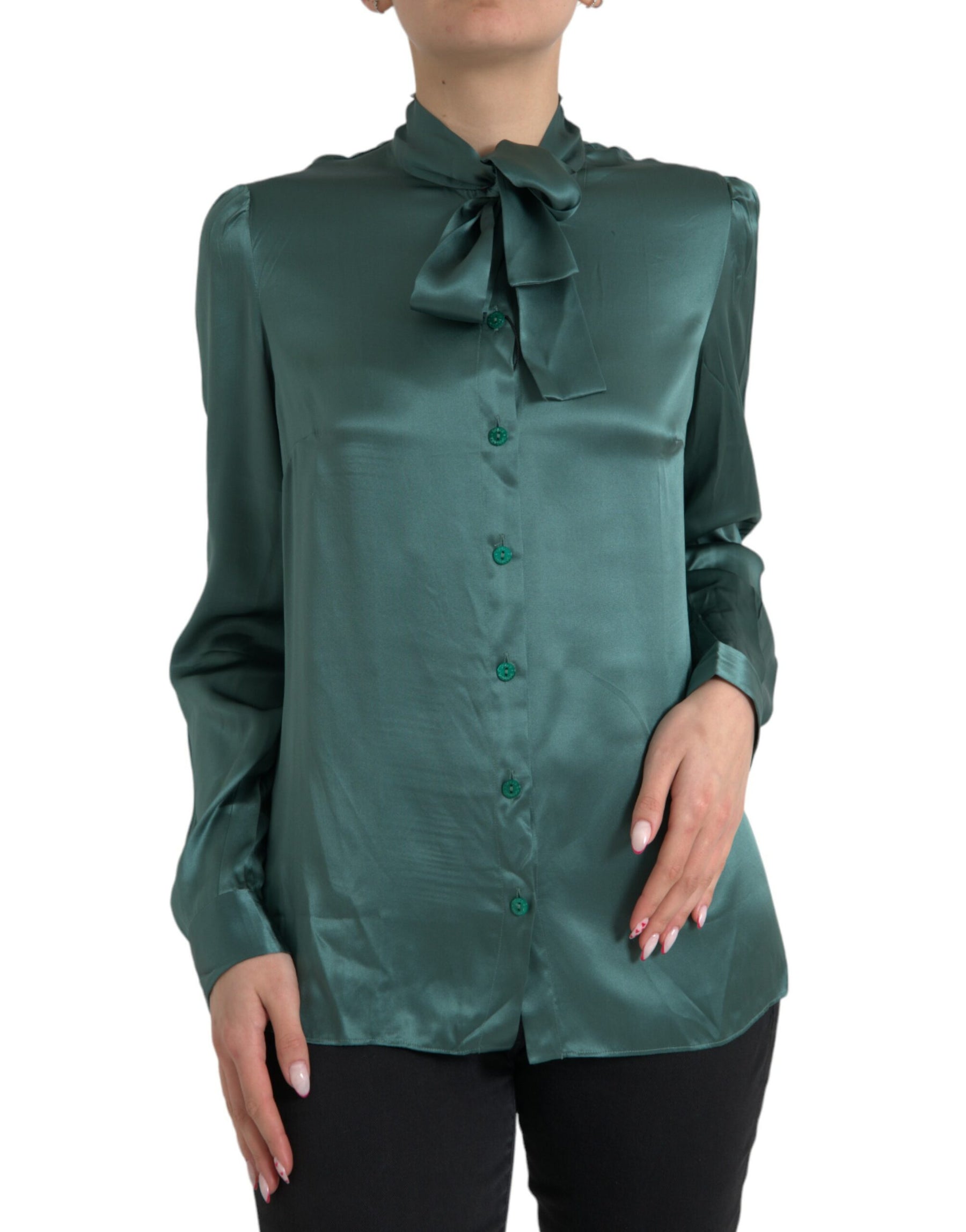 Dolce & Gabbana Dark Green Silk Ascot Collar Blouse Top | Regal Royce
