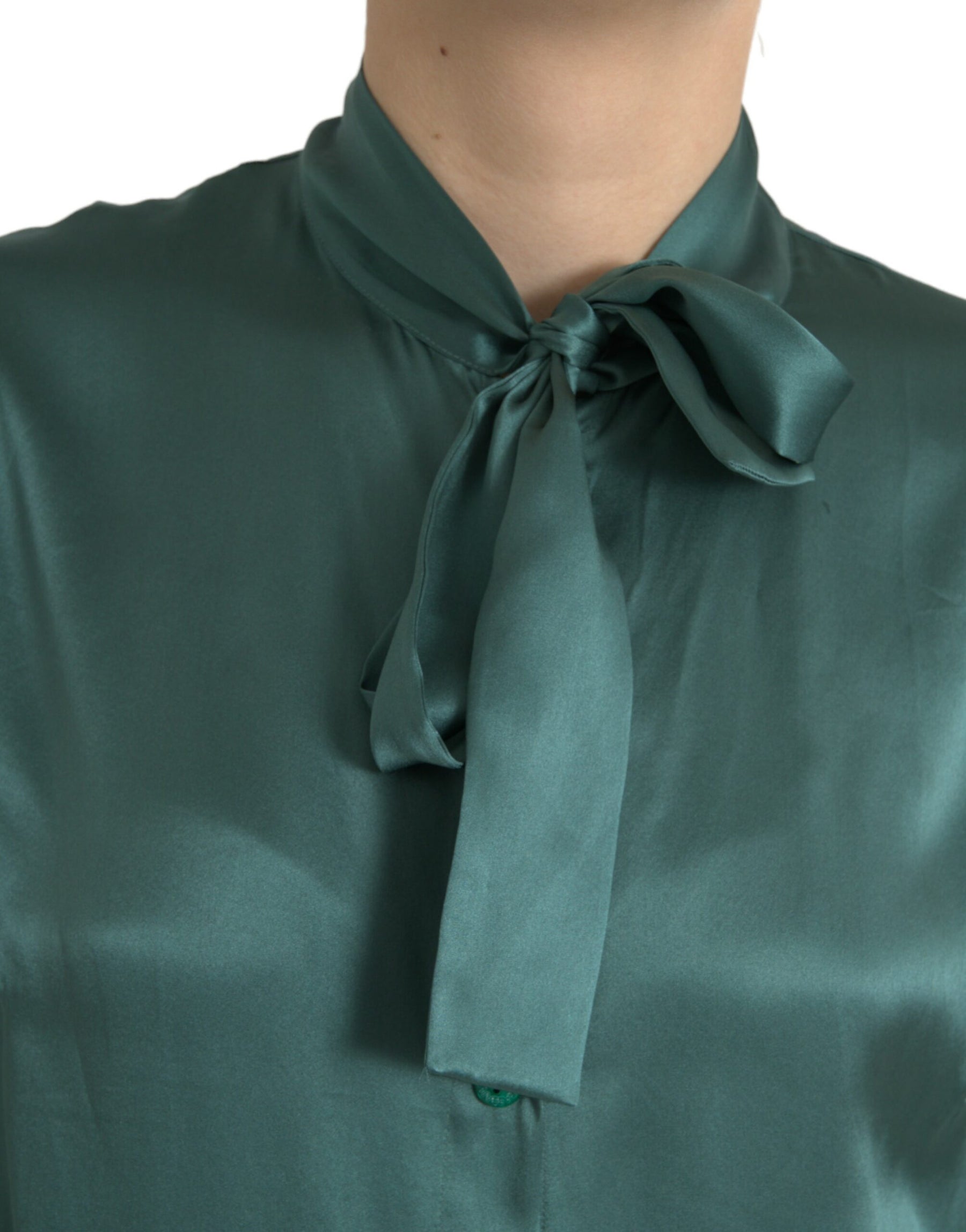 Dolce & Gabbana Dark Green Silk Ascot Collar Blouse Top | Regal Royce