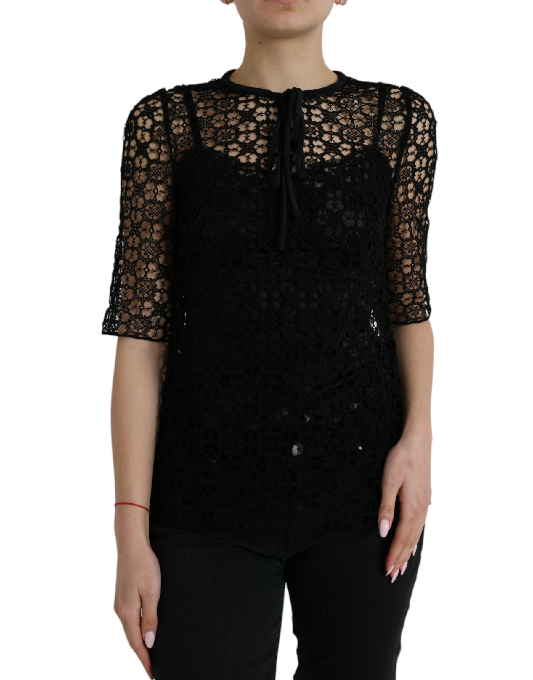Dolce & Gabbana Black Floral Lace Short Sleeves Blouse Top | Regal Royce