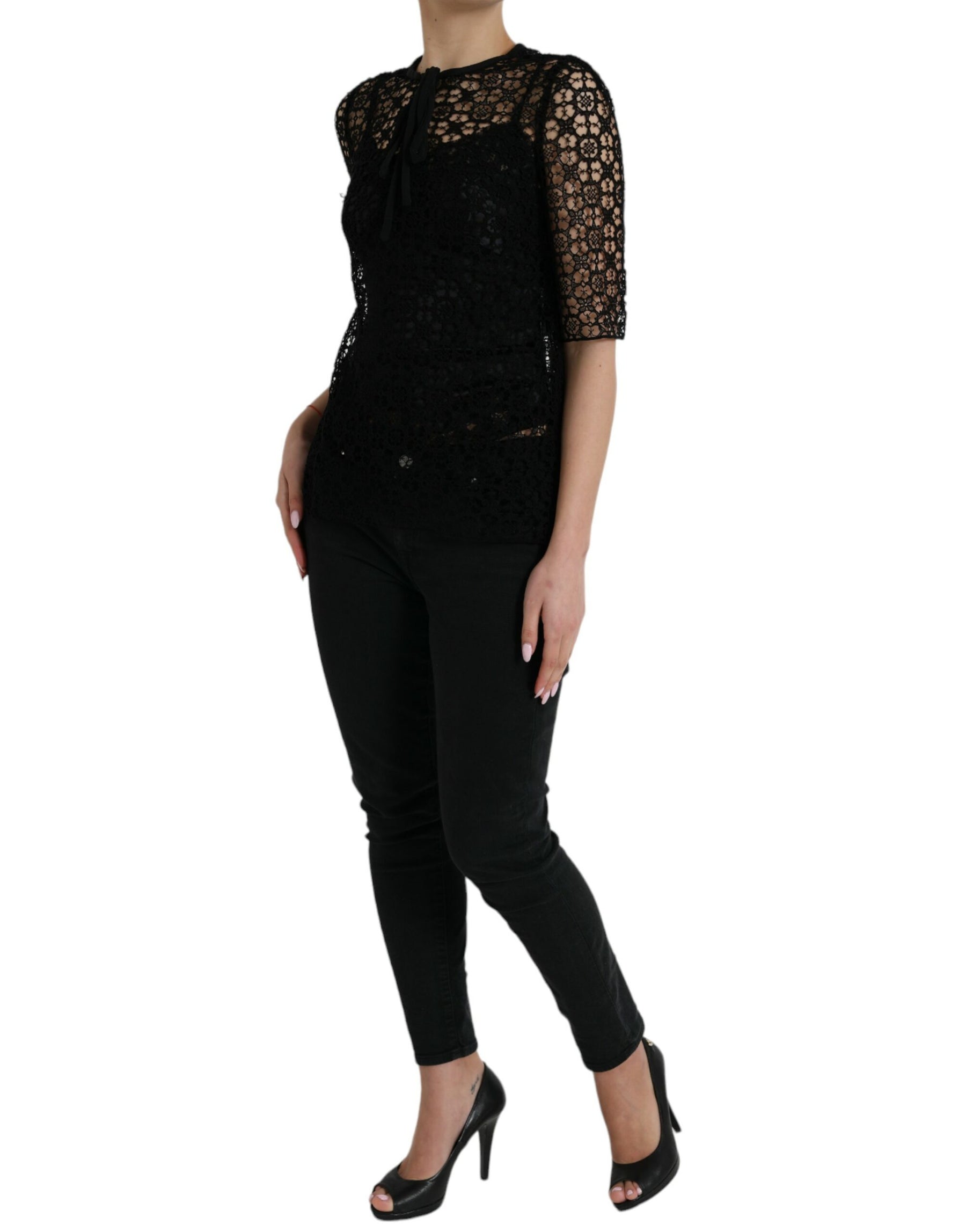 Dolce & Gabbana Black Floral Lace Short Sleeves Blouse Top | Regal Royce