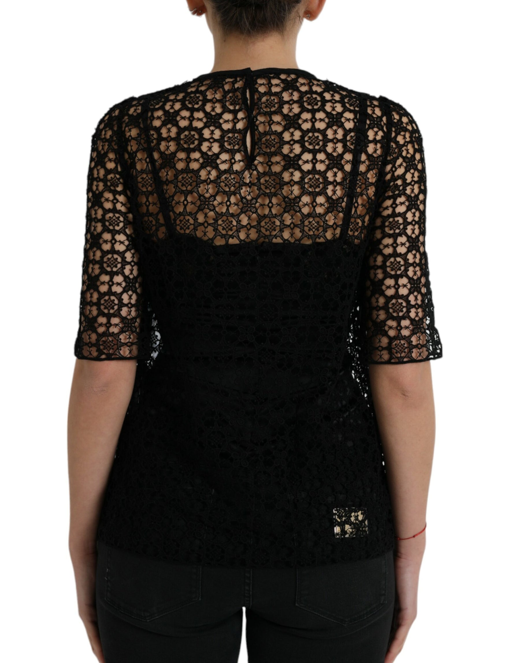 Dolce & Gabbana Black Floral Lace Short Sleeves Blouse Top | Regal Royce