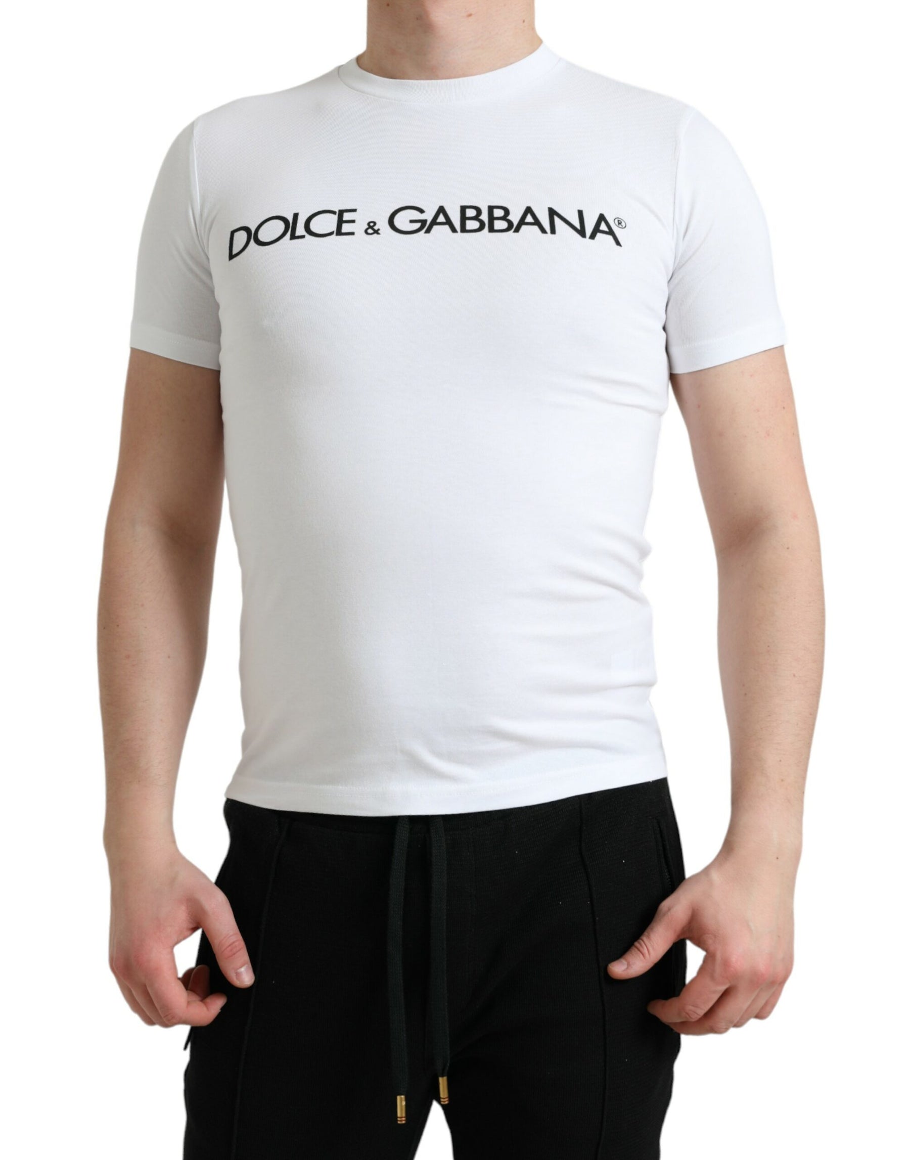 Dolce & Gabbana White Logo Print Cotton Crew Neck T-shirt | Regal Royce