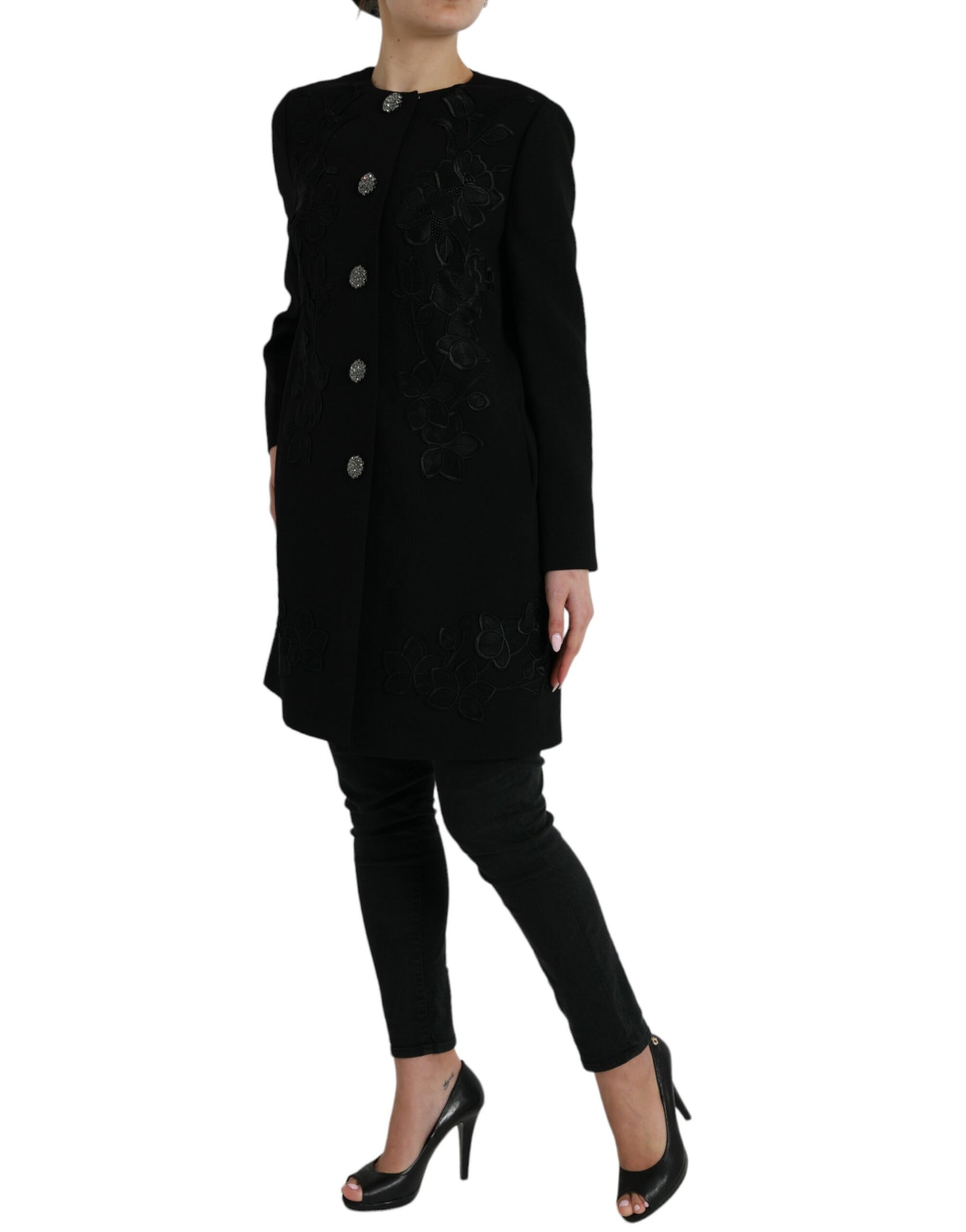 Dolce & Gabbana Black Floral Wool Button Embellished Jacket | Regal Royce