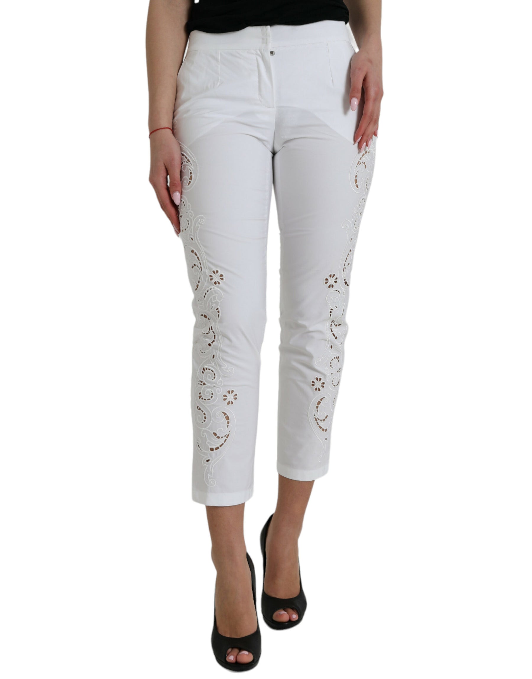 Dolce & Gabbana White Cut Out Cotton Mid Waist Cropped Pants | Regal Royce