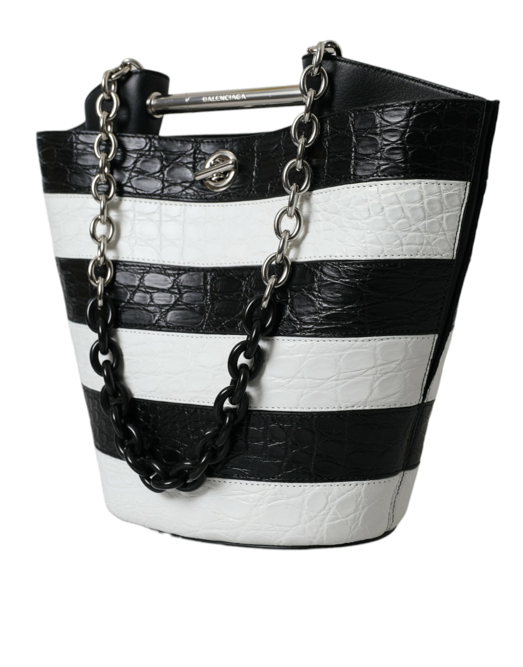 Balenciaga Black White Striped Exotic Skin Leather Maxi Bucket Tote Bag | Regal Royce