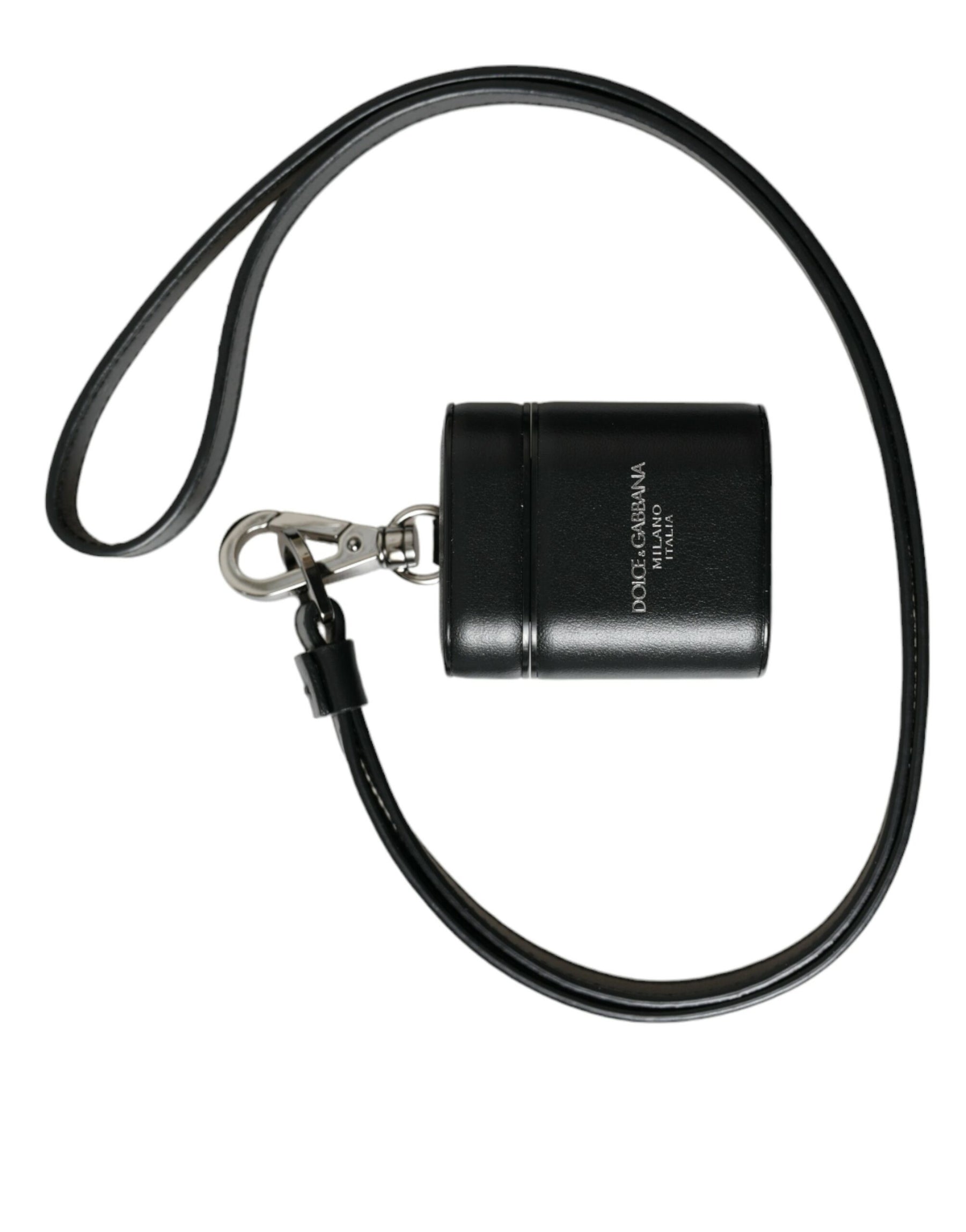 Dolce & Gabbana Black Leather Strap Silver Metal Logo Printed Airpods Case | Regal Royce