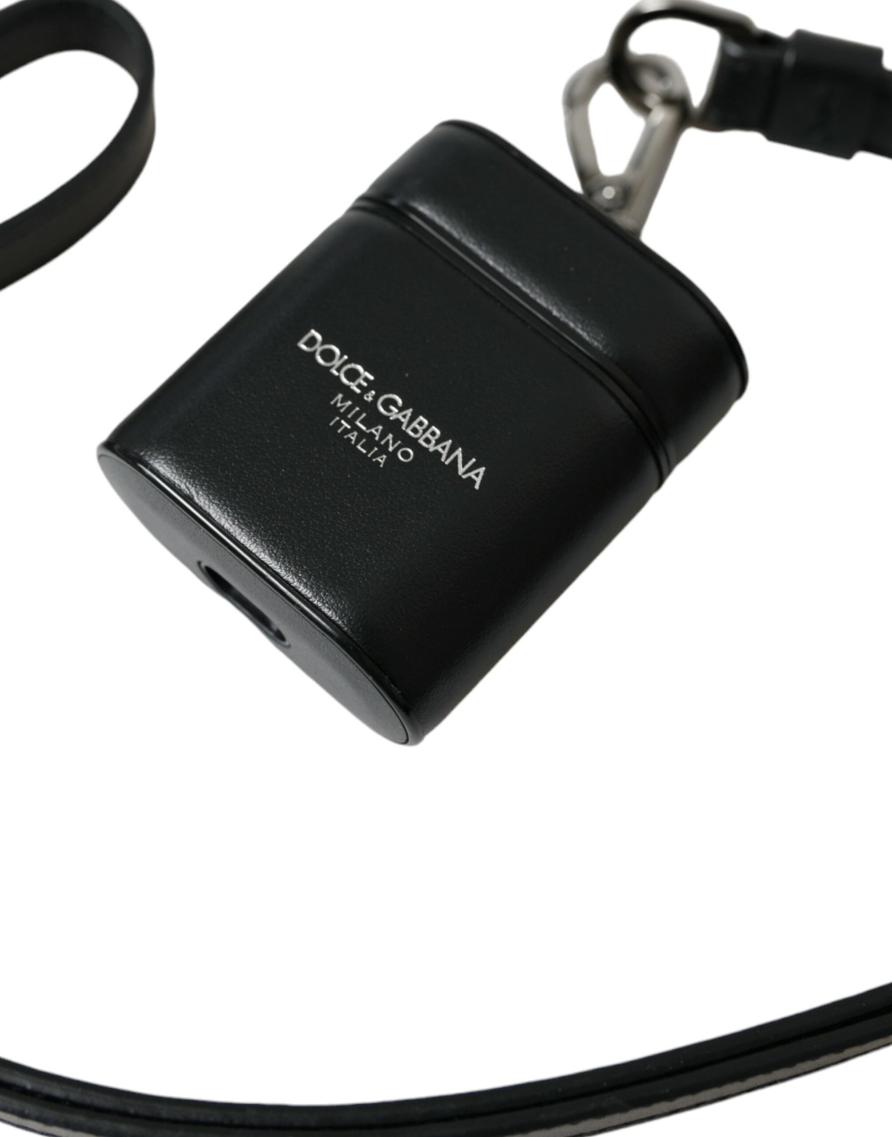 Dolce & Gabbana Black Leather Strap Silver Metal Logo Printed Airpods Case | Regal Royce