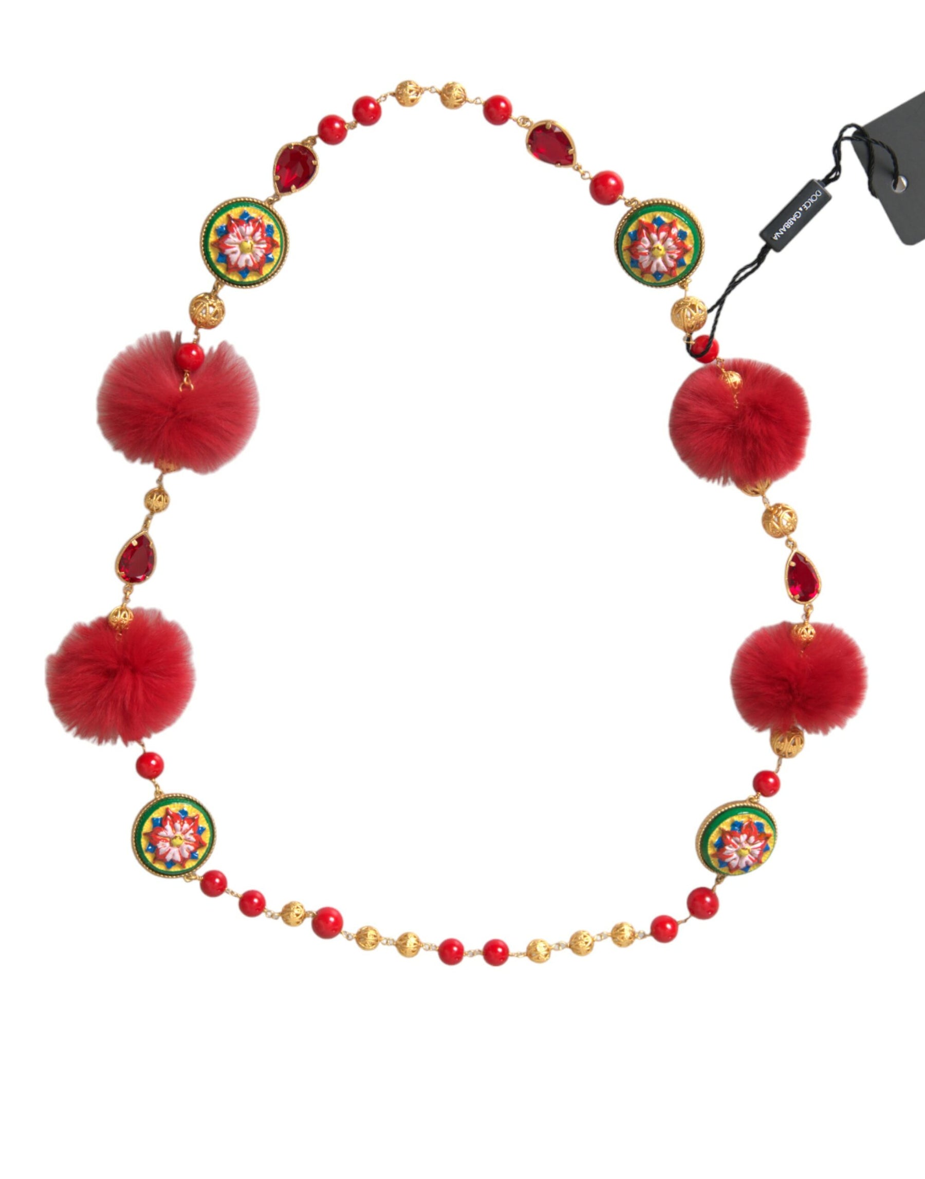 Dolce & Gabbana Gold Brass Red Fur Crystal Carretto Chain Necklace | Regal Royce