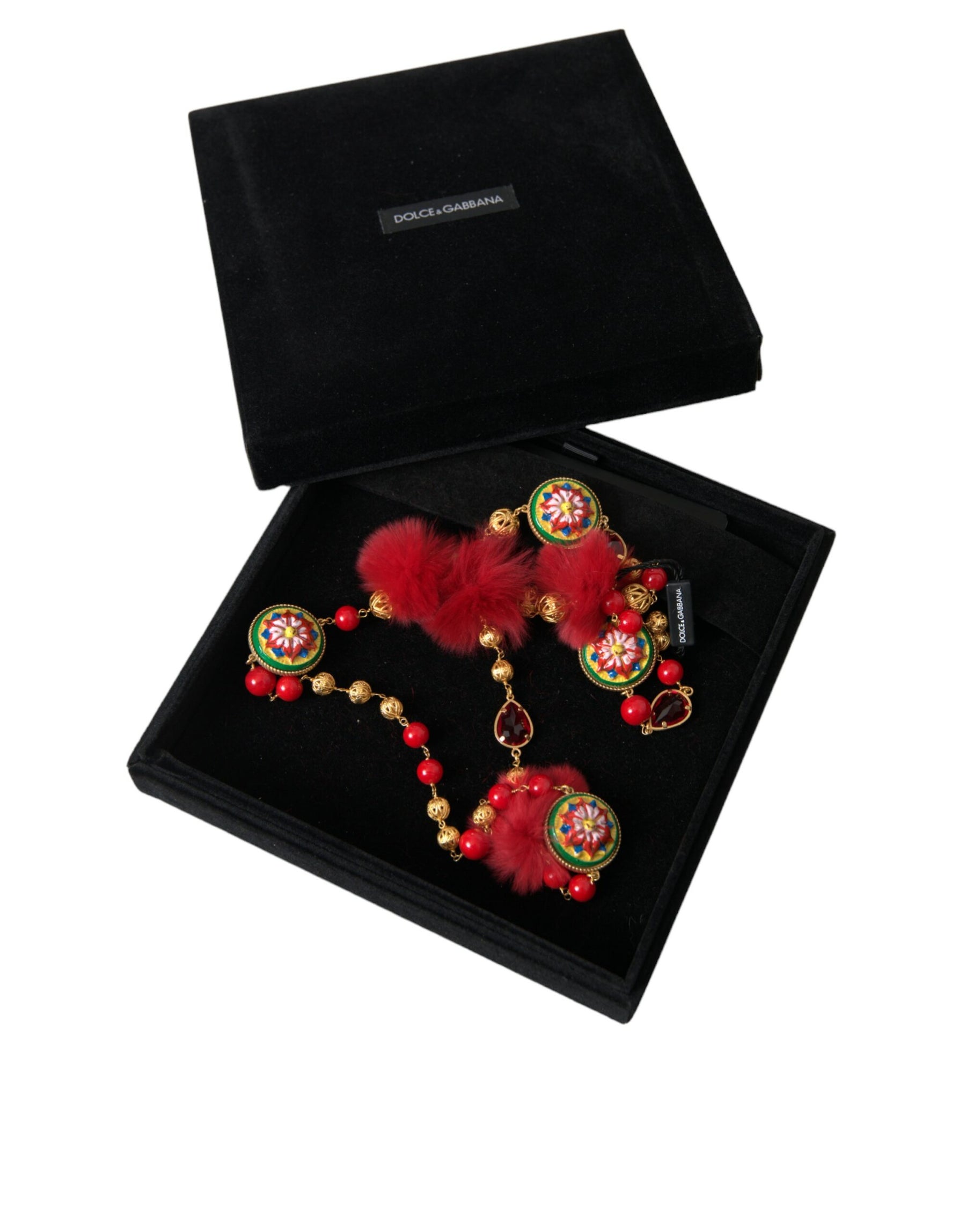 Dolce & Gabbana Gold Brass Red Fur Crystal Carretto Chain Necklace | Regal Royce