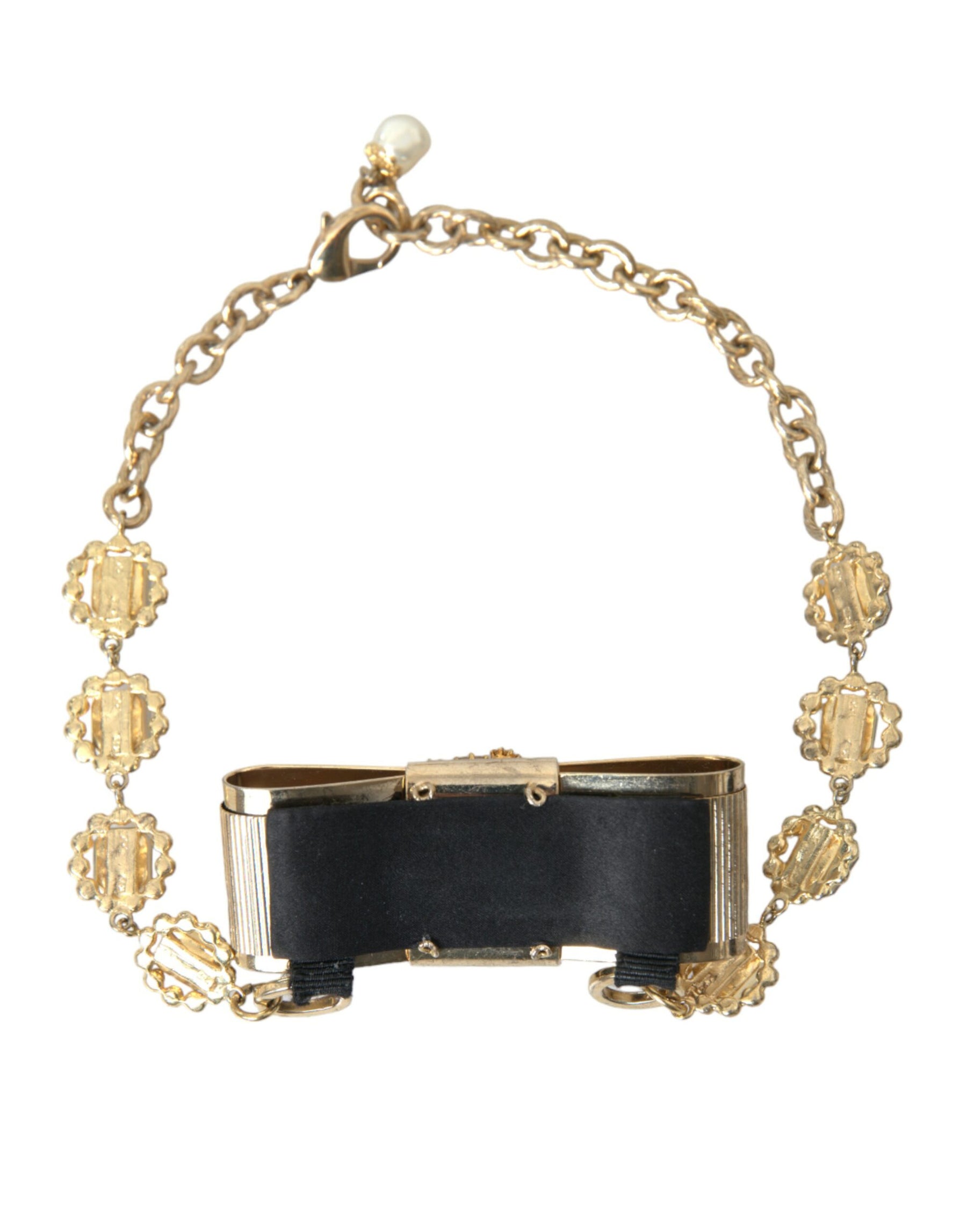 Dolce & Gabbana Gold Brass Clear Crystal Bow Chain Choker Necklace | Regal Royce