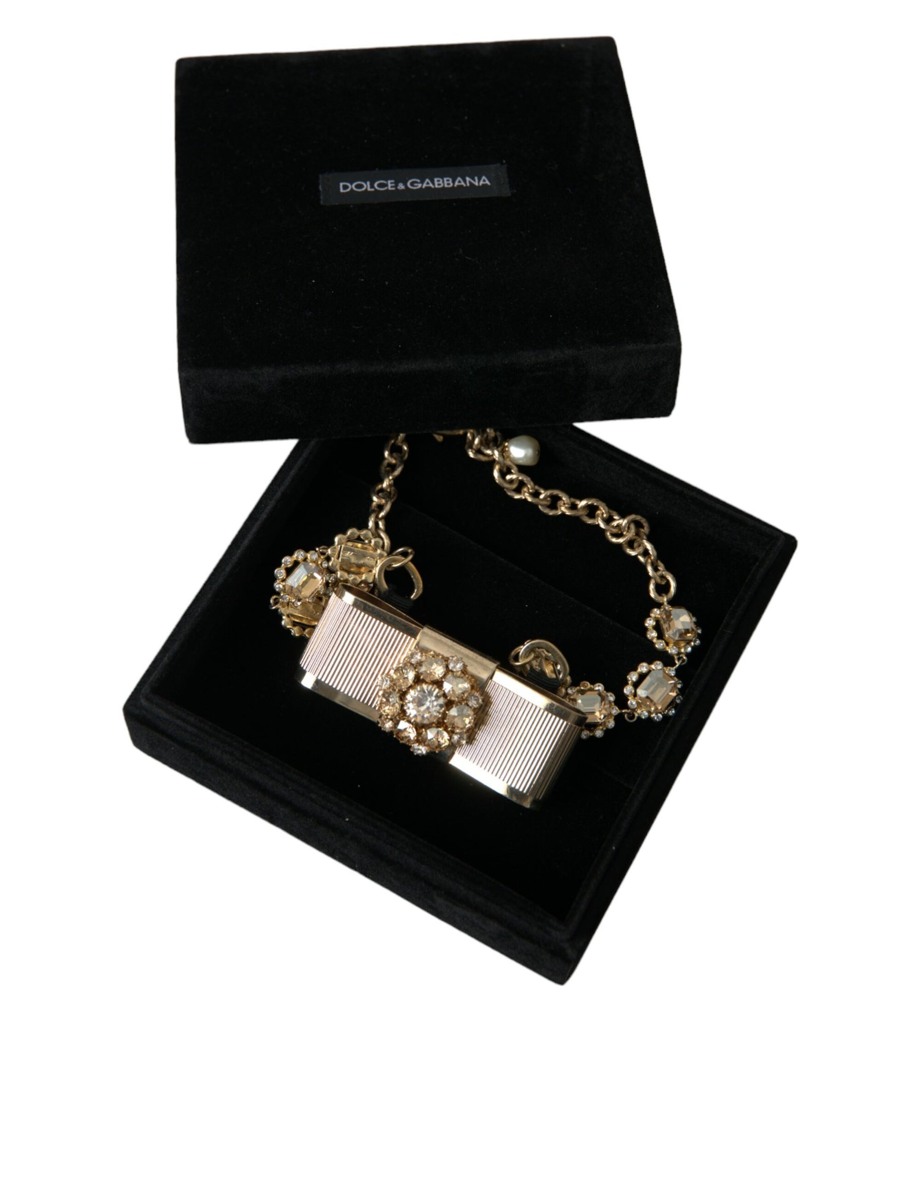 Dolce & Gabbana Gold Brass Clear Crystal Bow Chain Choker Necklace | Regal Royce