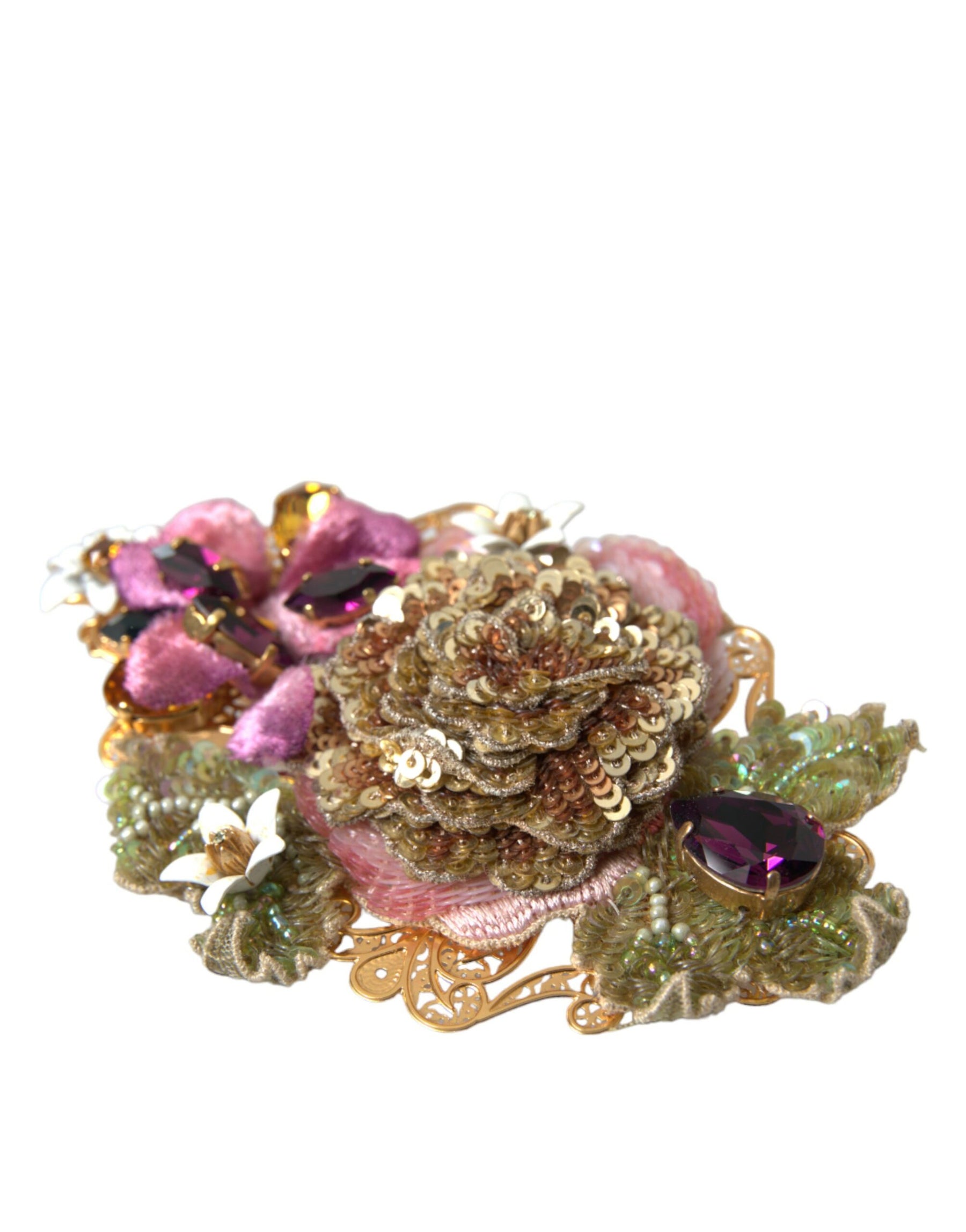 Dolce & Gabbana Gold Brass Floral Crystal Sequined Hair Clip | Regal Royce