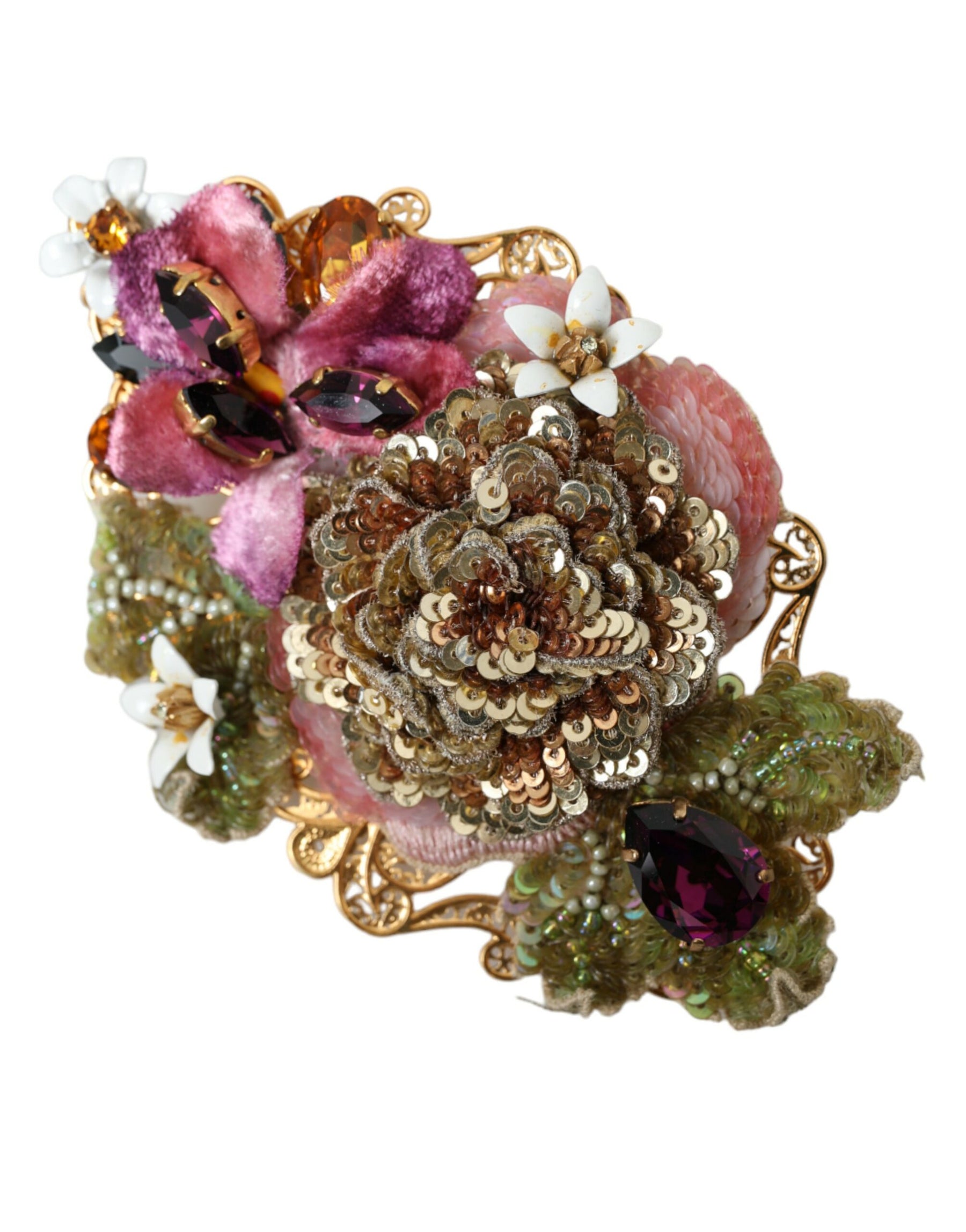 Dolce & Gabbana Gold Brass Floral Crystal Sequined Hair Clip | Regal Royce