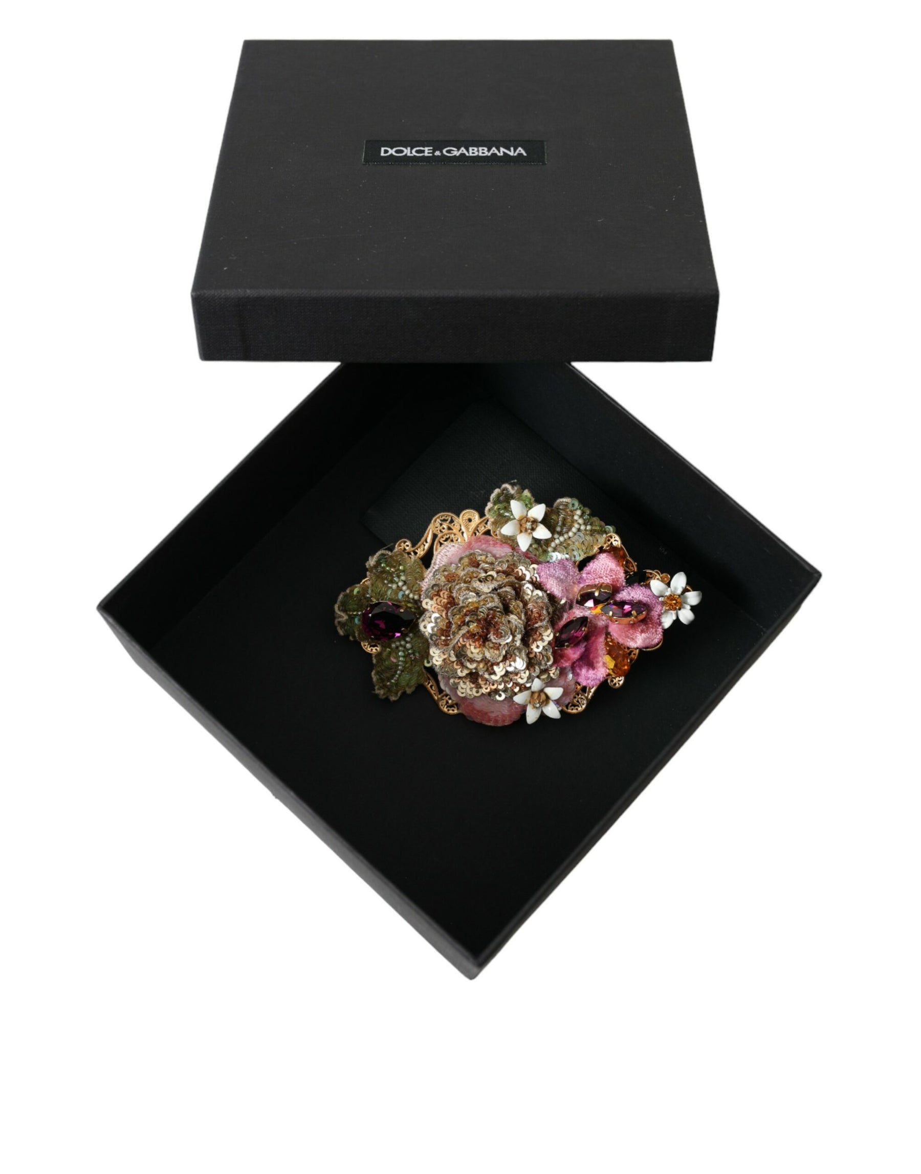 Dolce & Gabbana Gold Brass Floral Crystal Sequined Hair Clip | Regal Royce