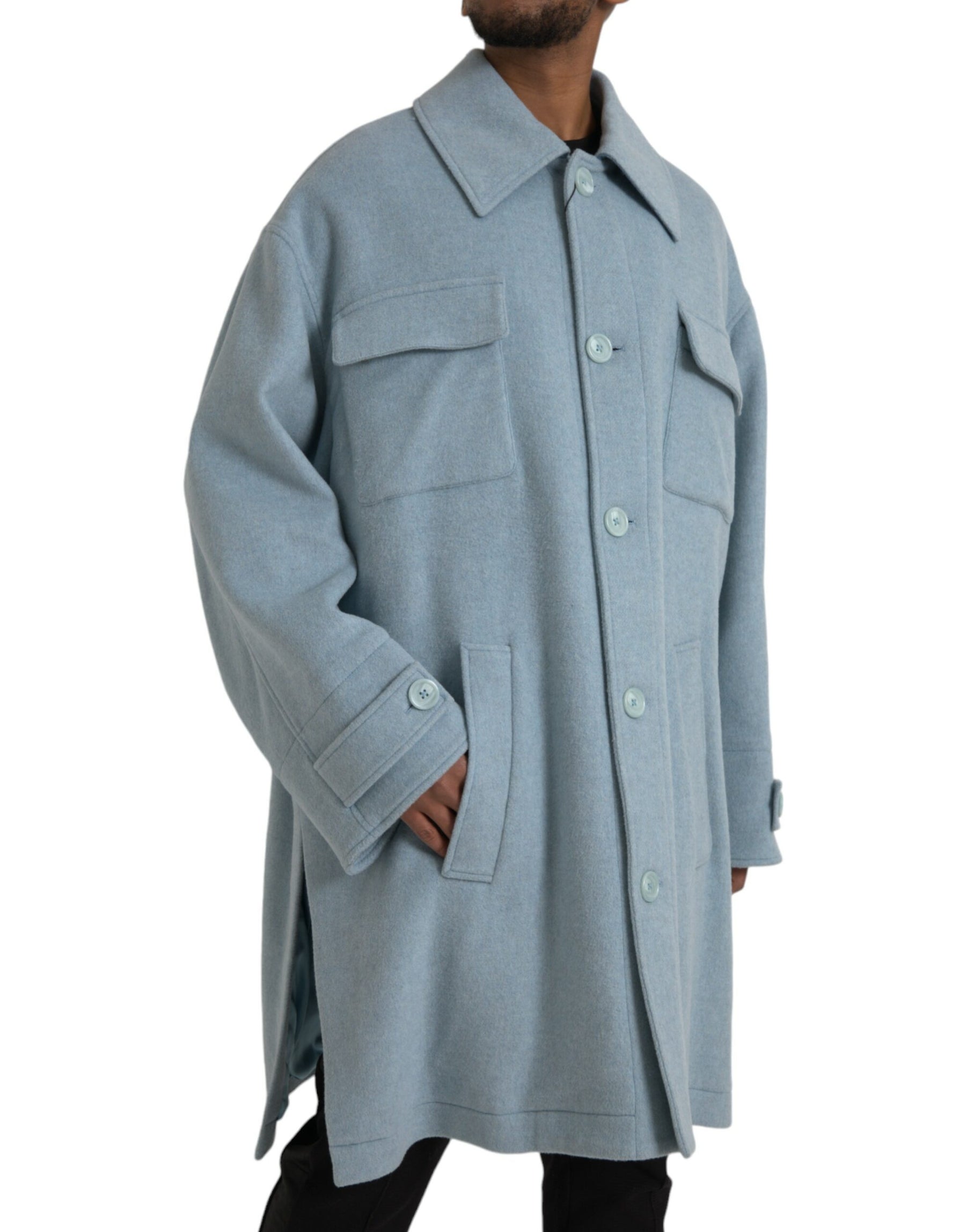 Dolce & Gabbana Light Blue Wool Button Trench Coat Jacket | Regal Royce