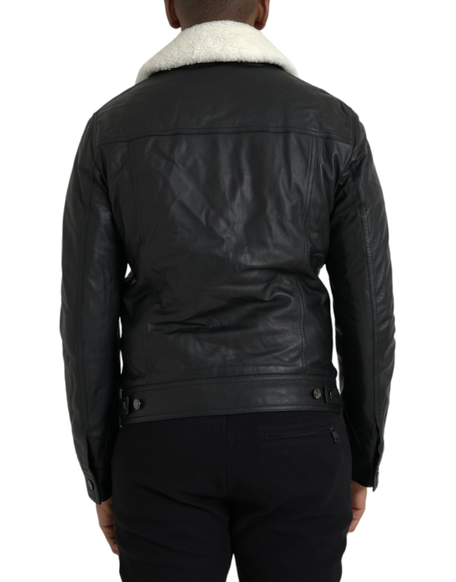 Dolce & Gabbana Black Leather Fur Collar Biker Coat Jacket | Regal Royce