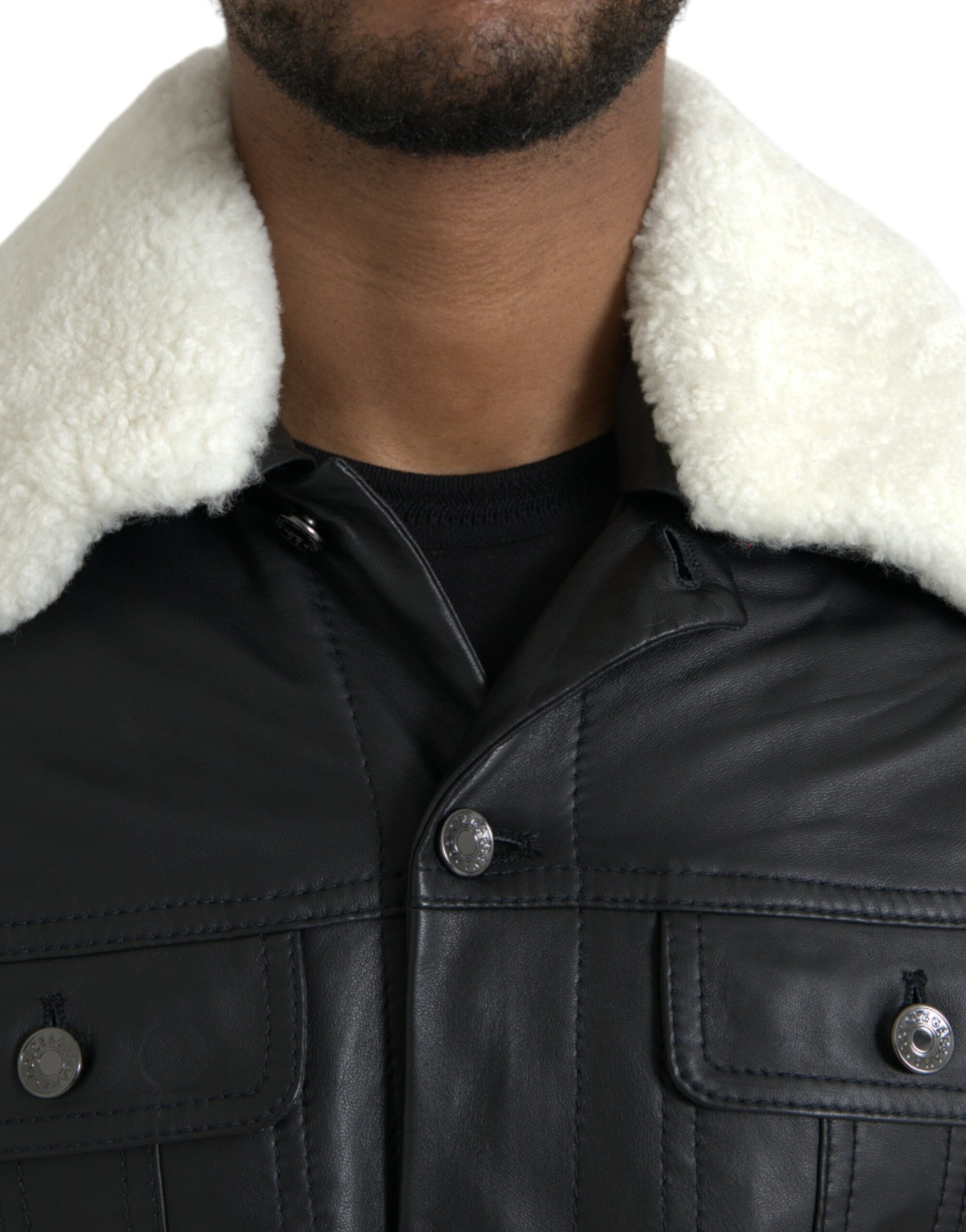 Dolce & Gabbana Black Leather Fur Collar Biker Coat Jacket | Regal Royce